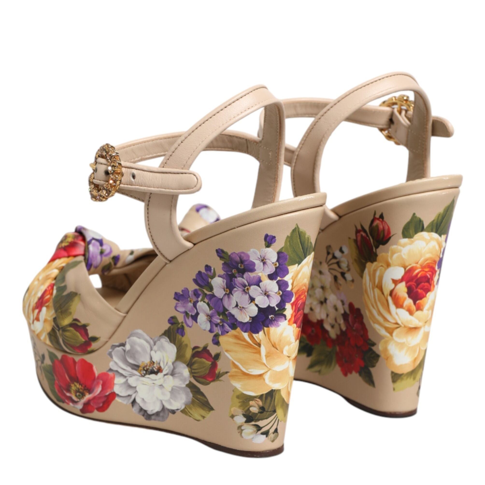 Dolce & Gabbana Beige Floral Ankle Strap Wedge Sandals Shoes