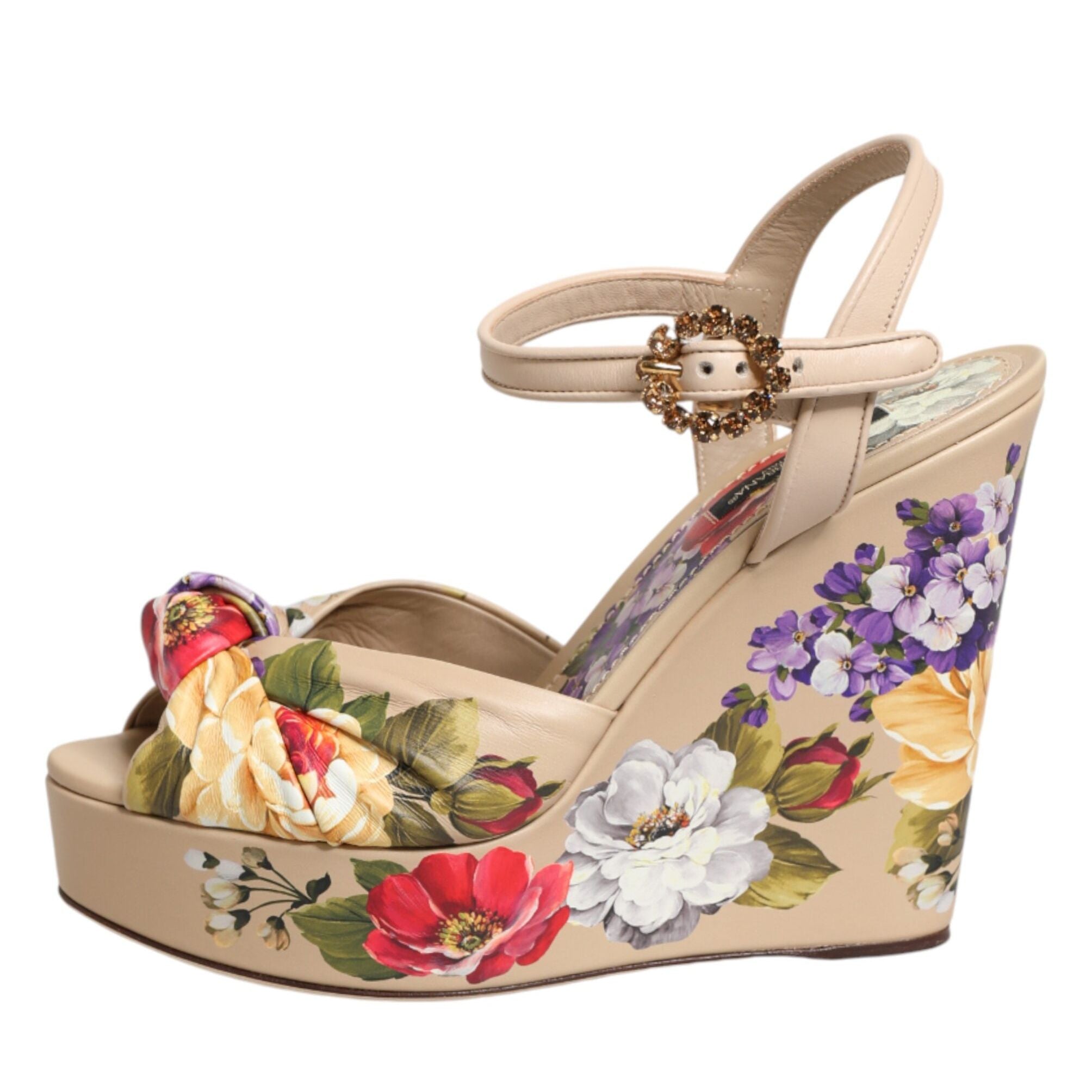 Dolce & Gabbana Beige Floral Ankle Strap Wedge Sandals Shoes