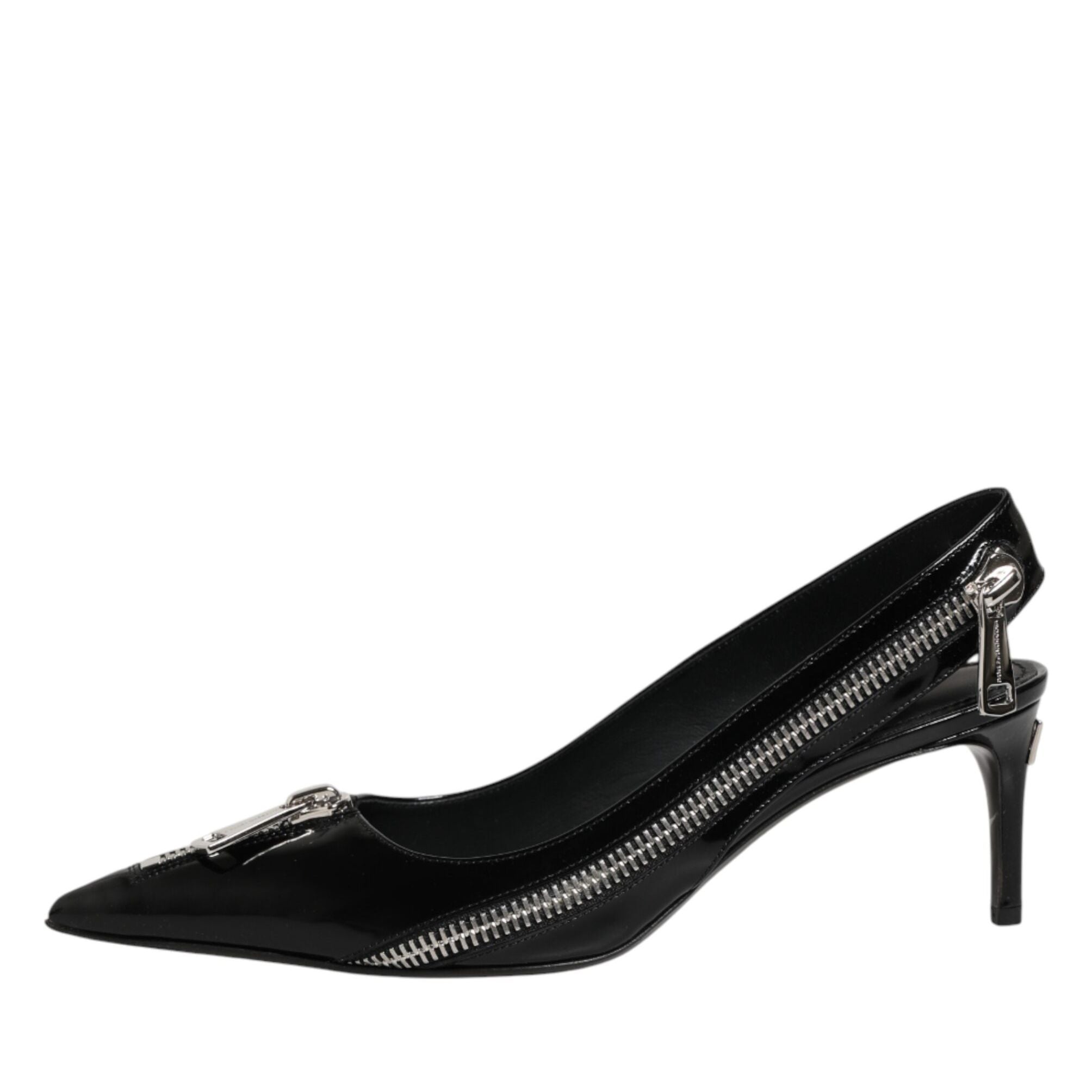 Dolce & Gabbana Black Zipper Leather Heels Slingbacks Shoes