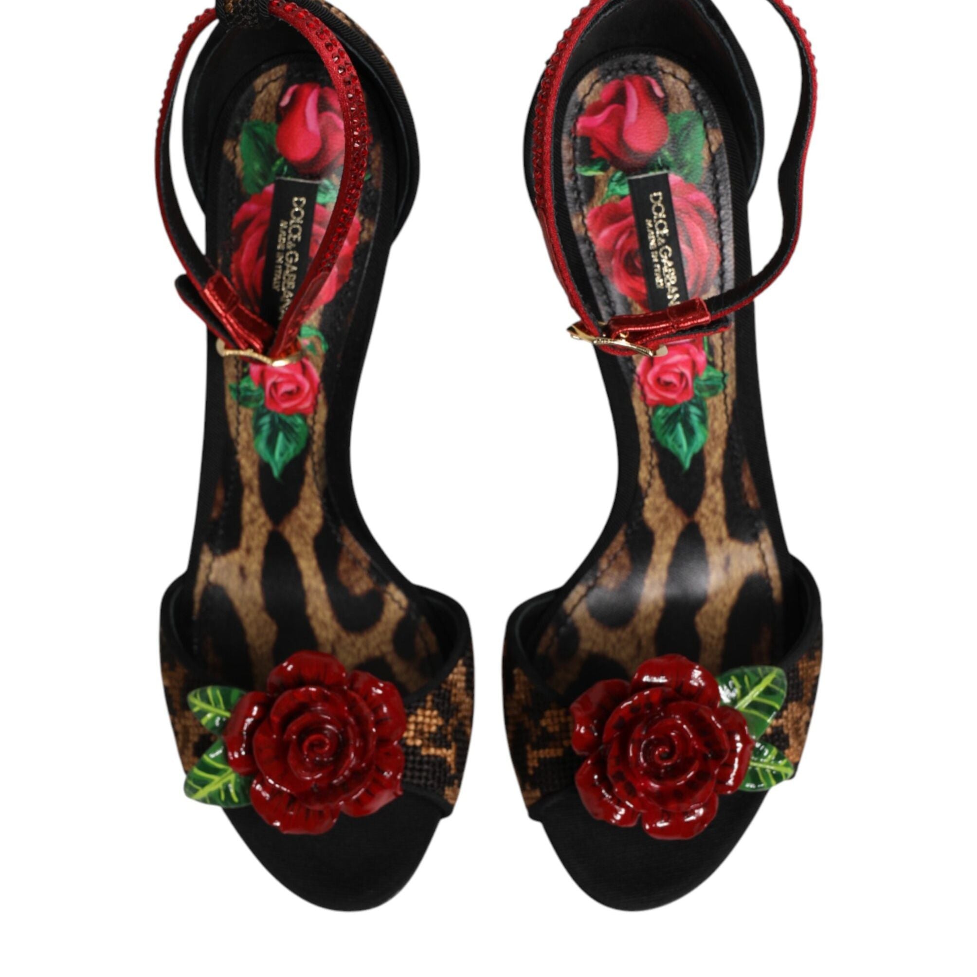 Dolce & Gabbana Brown Leopard Crystal Roses Sandals Shoes