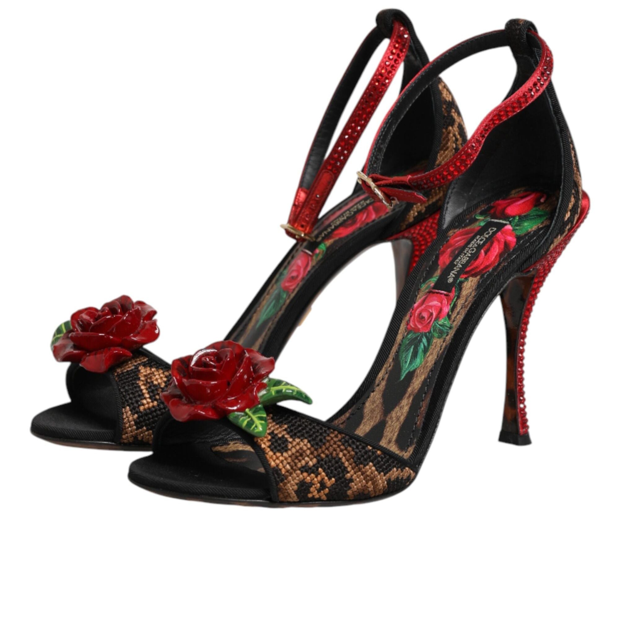 Dolce & Gabbana Brown Leopard Crystal Roses Sandals Shoes
