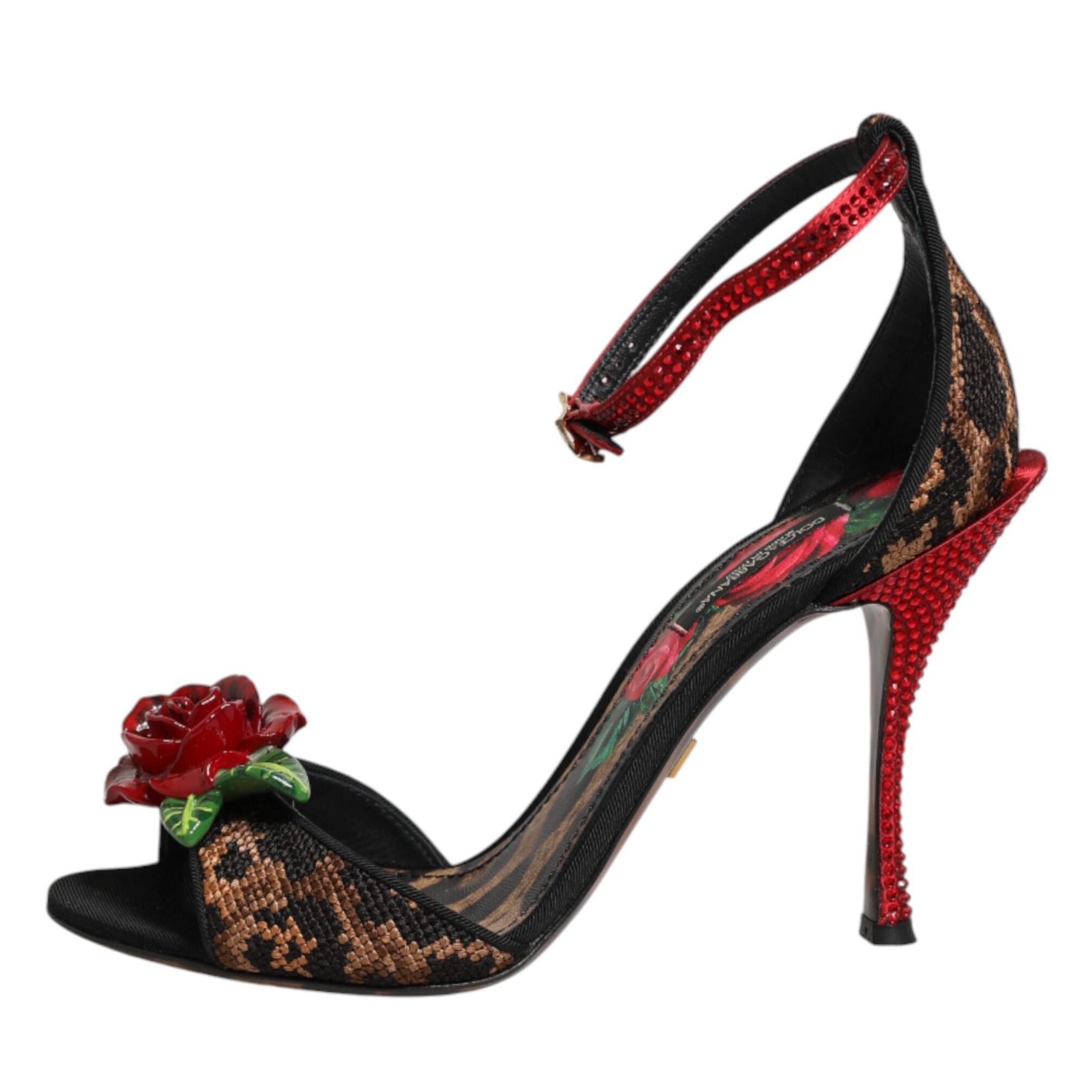 Dolce & Gabbana Brown Leopard Crystal Roses Sandals Shoes