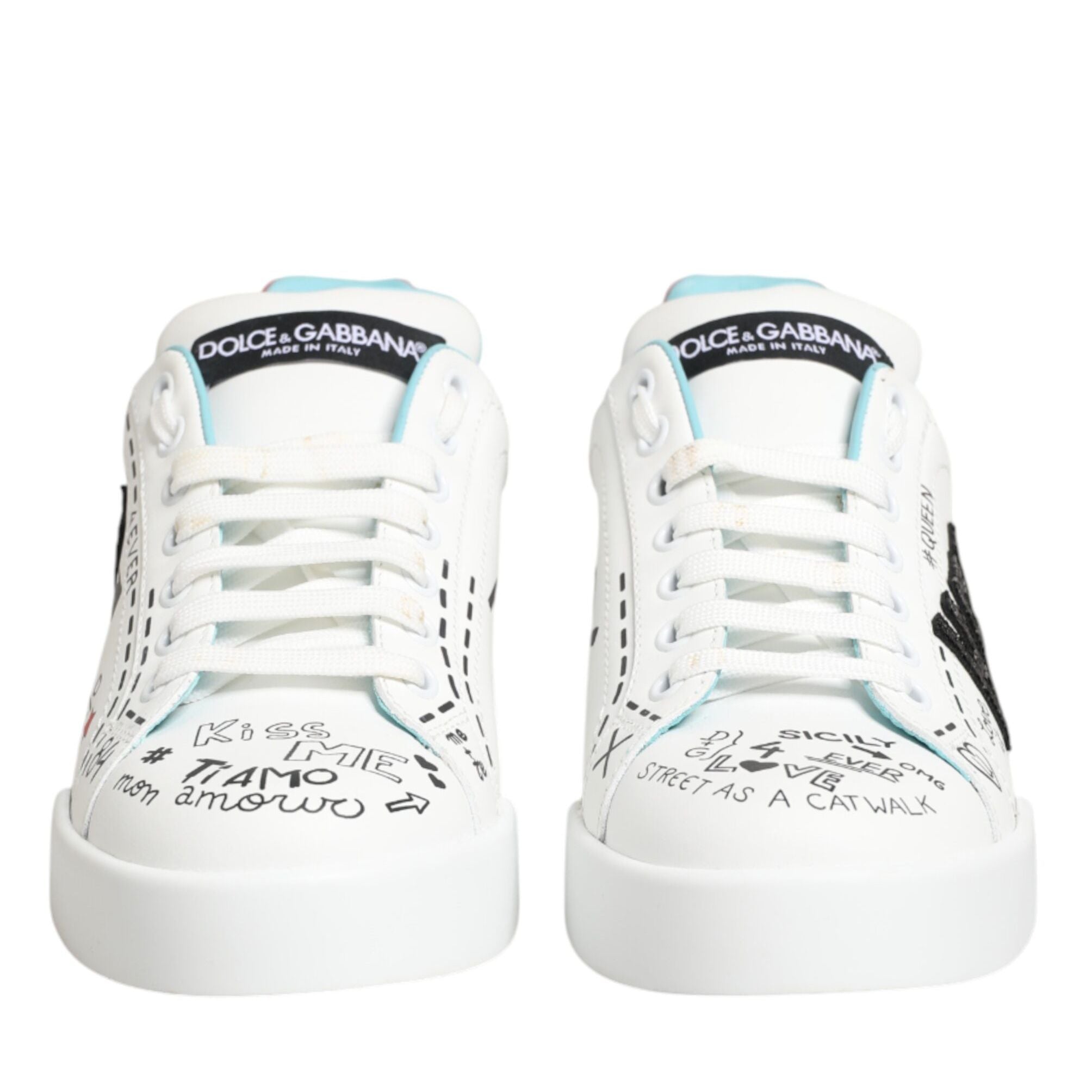 Dolce & Gabbana White Leather Graffiti Low Top Sneakers Shoes