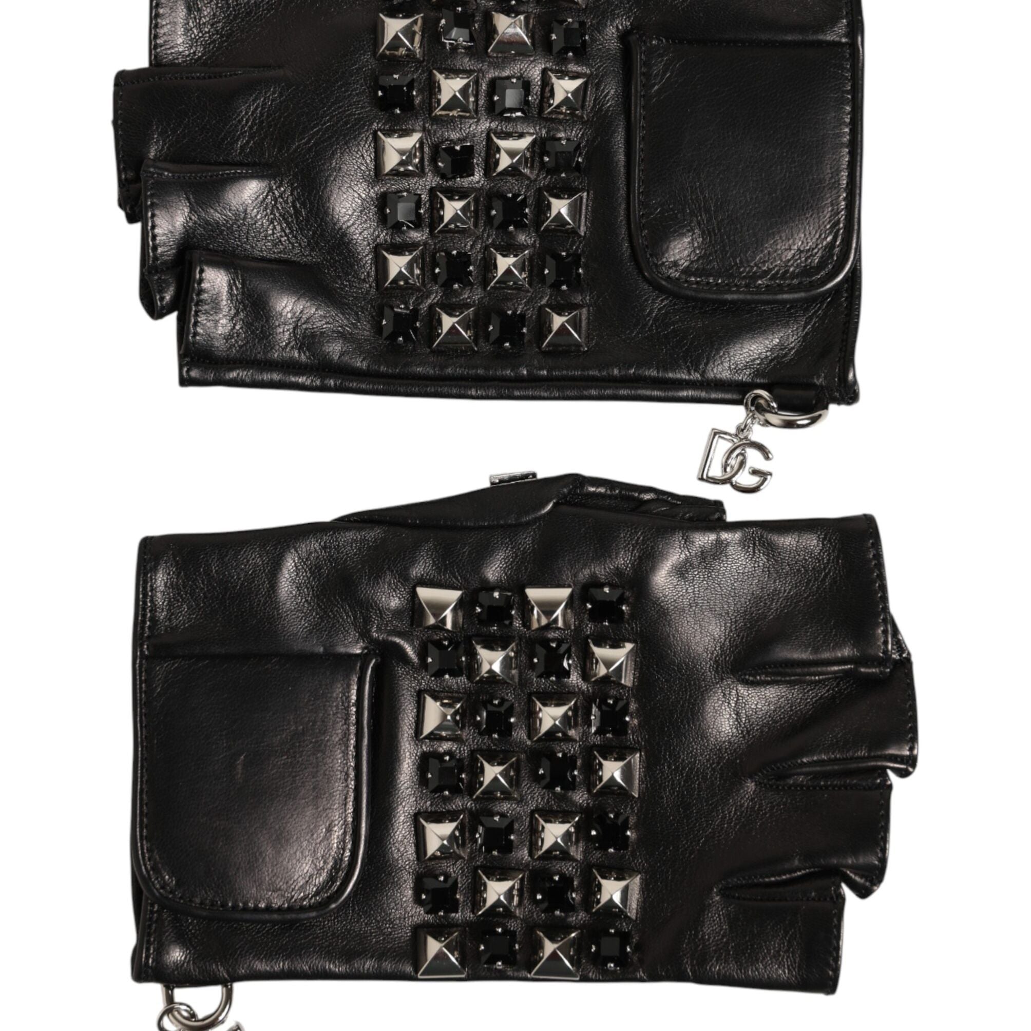 Dolce & Gabbana Black Leather Studded Fingerless Hand Mitten Men Gloves