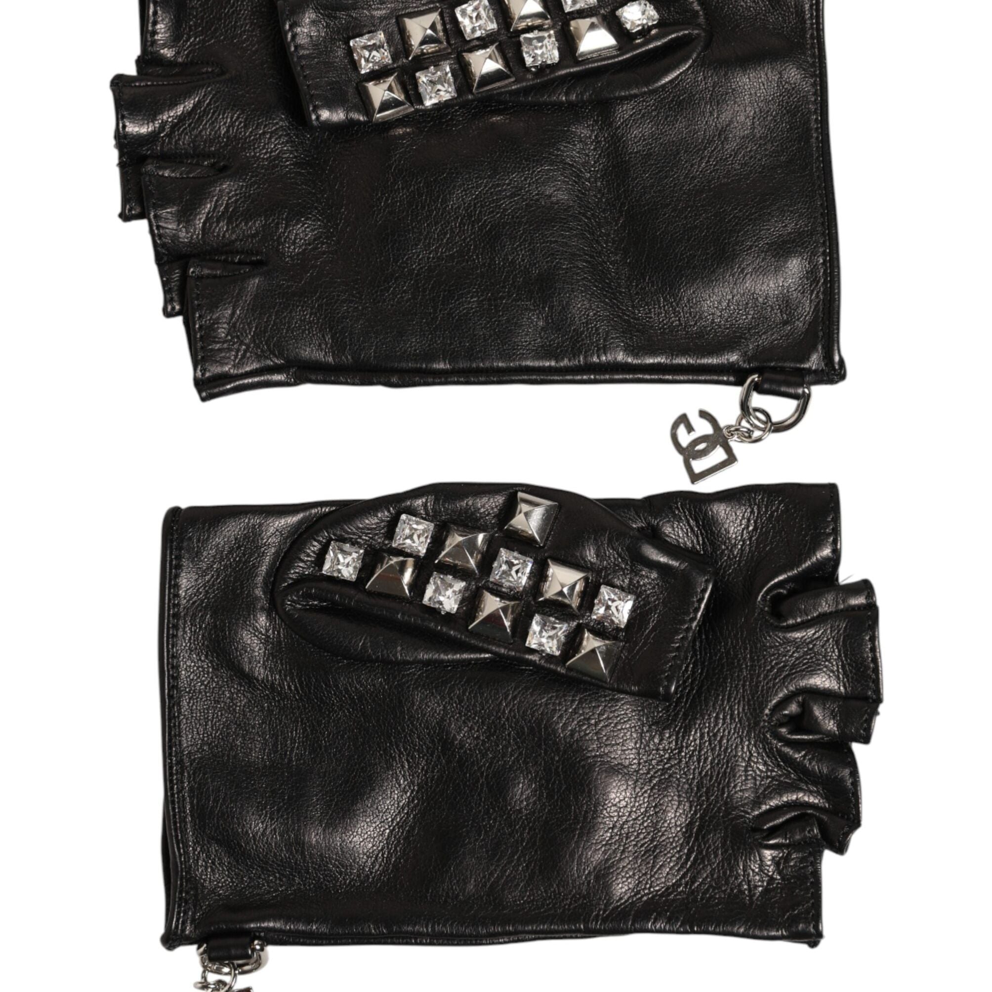 Dolce & Gabbana Black Leather Studded Fingerless Hand Mitten Men Gloves