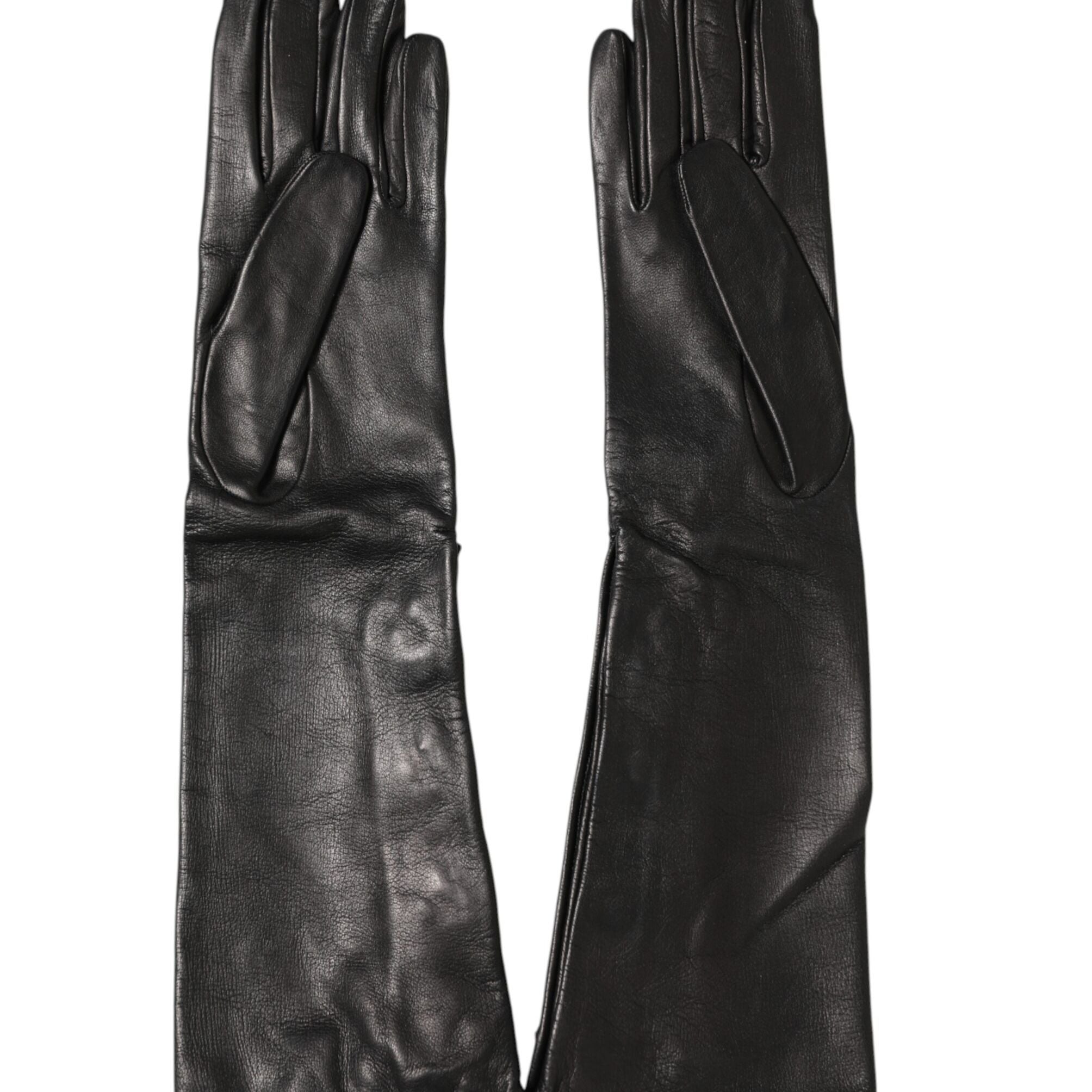 Dolce & Gabbana Black Leather Embellished Long Mitten Gloves