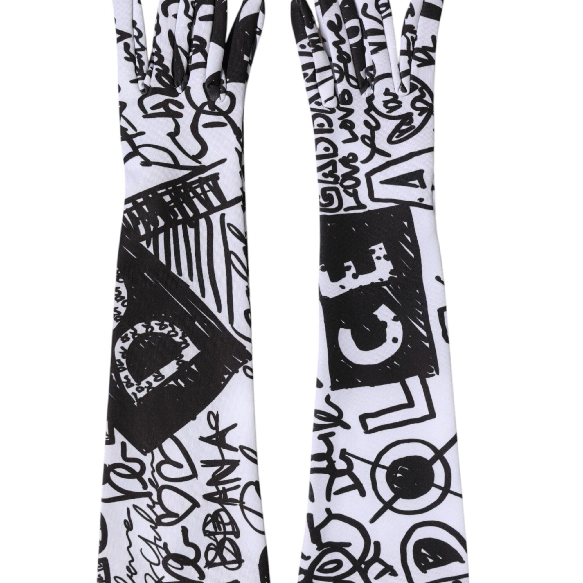 Dolce & Gabbana Gloves Black White DG Logo Elbow Length Mitten