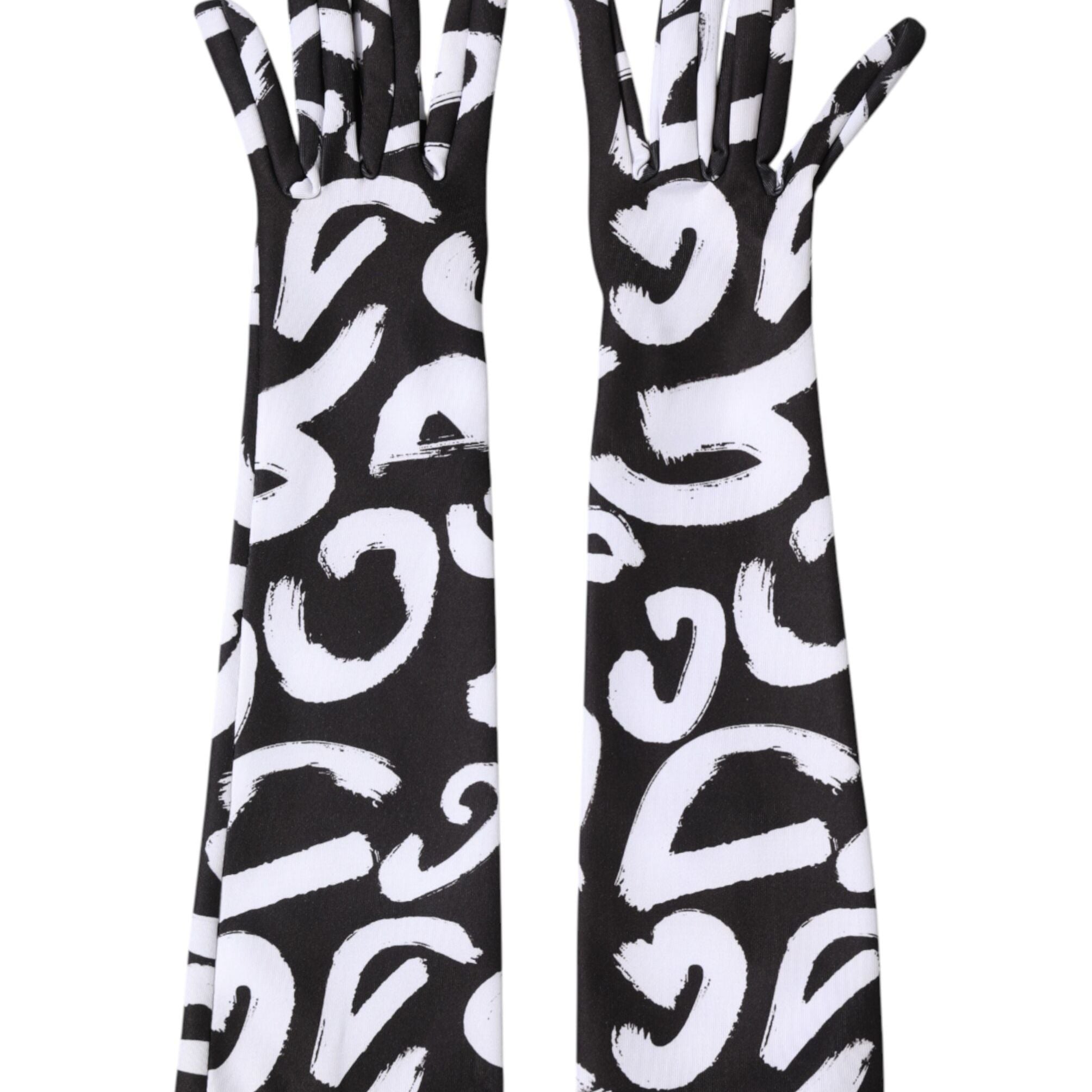 Dolce & Gabbana Black White DG Logo Elbow Length Mitten Gloves