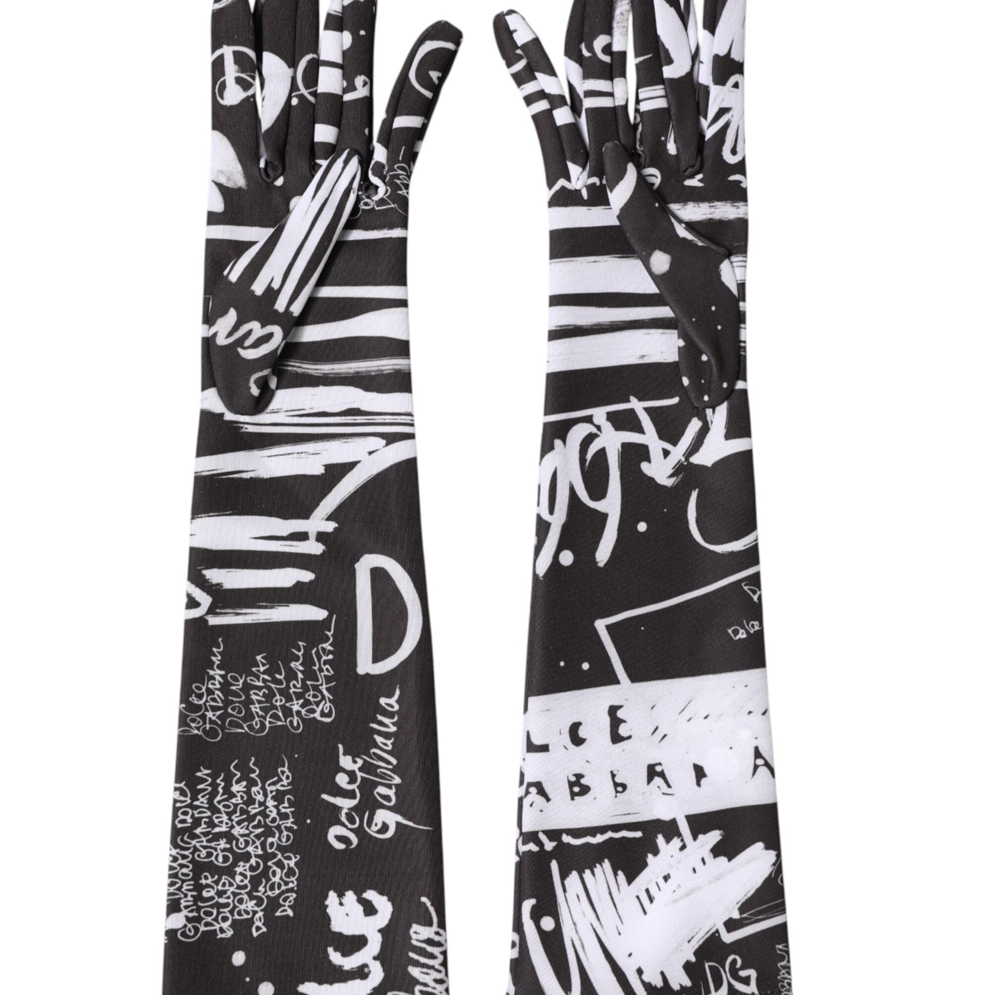 Dolce & Gabbana Black White DG Logo Elbow Length Mitten Gloves