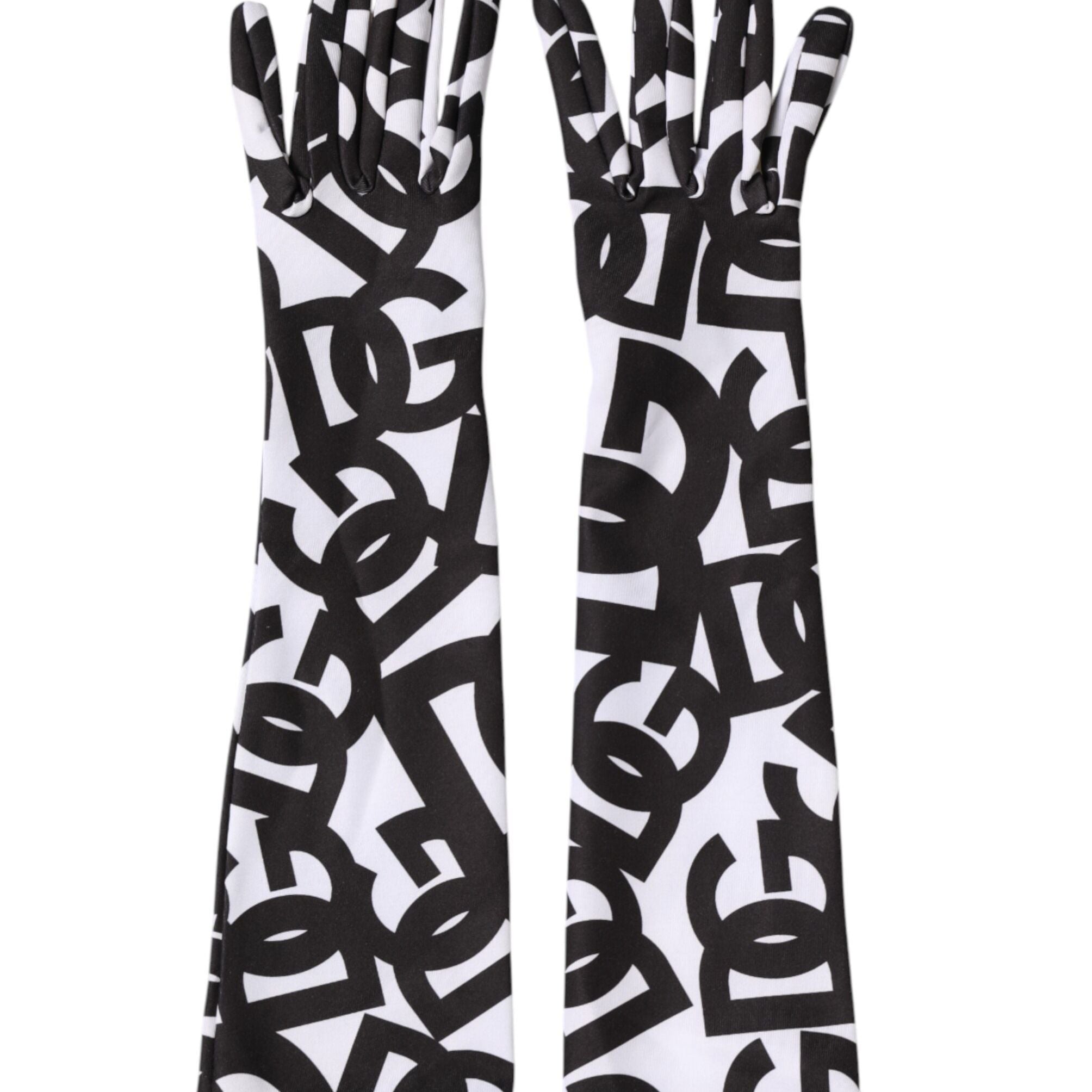 Dolce & Gabbana Black White DG Logo Elbow Length Mitten Gloves