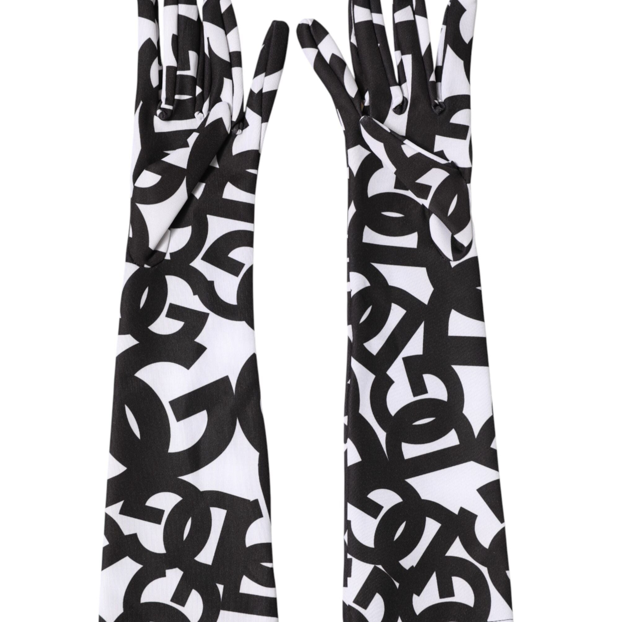 Dolce & Gabbana Black White DG Logo Elbow Length Mitten Gloves