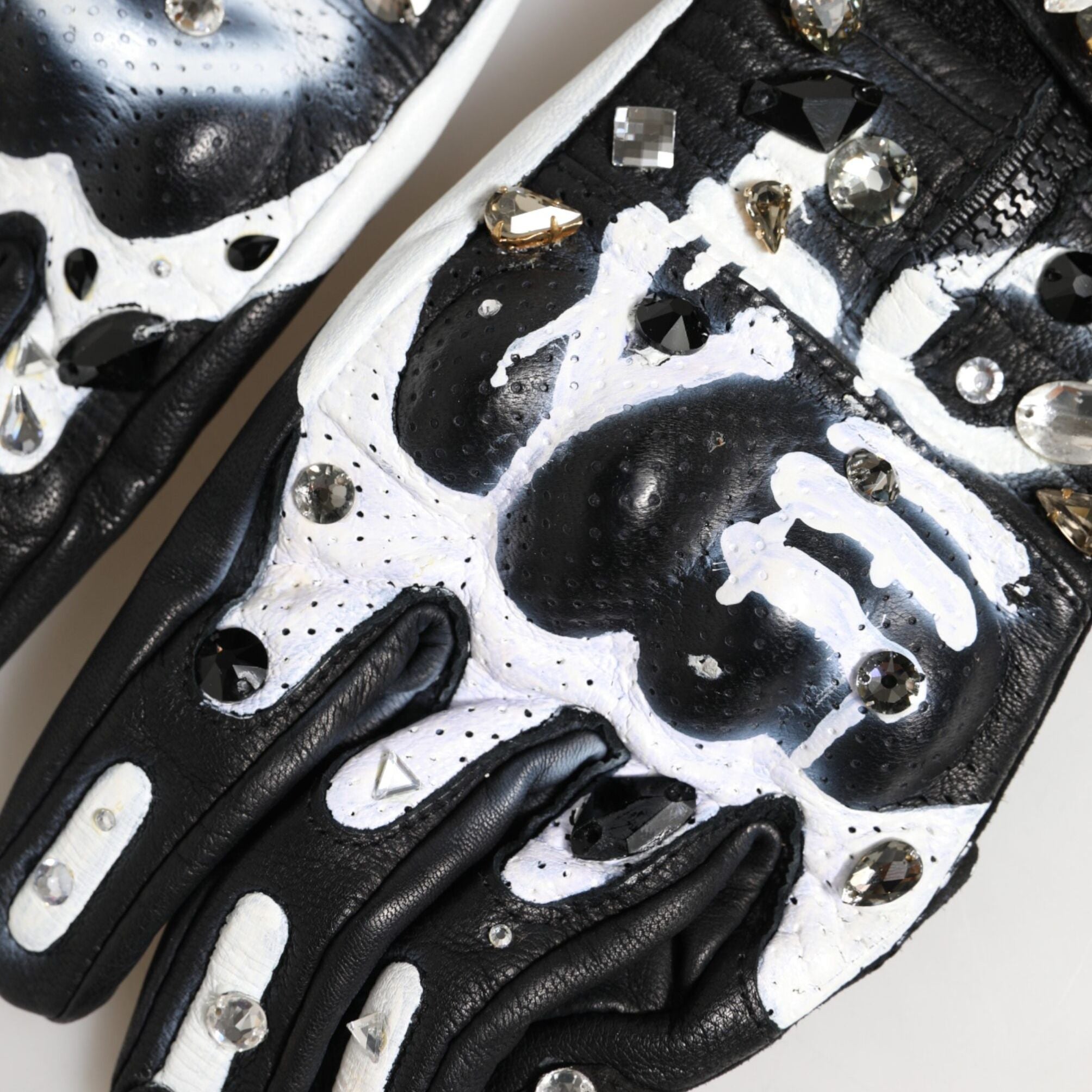 Dolce & Gabbana Gloves Black White Crystal Wrist Length Mitten  Gloves