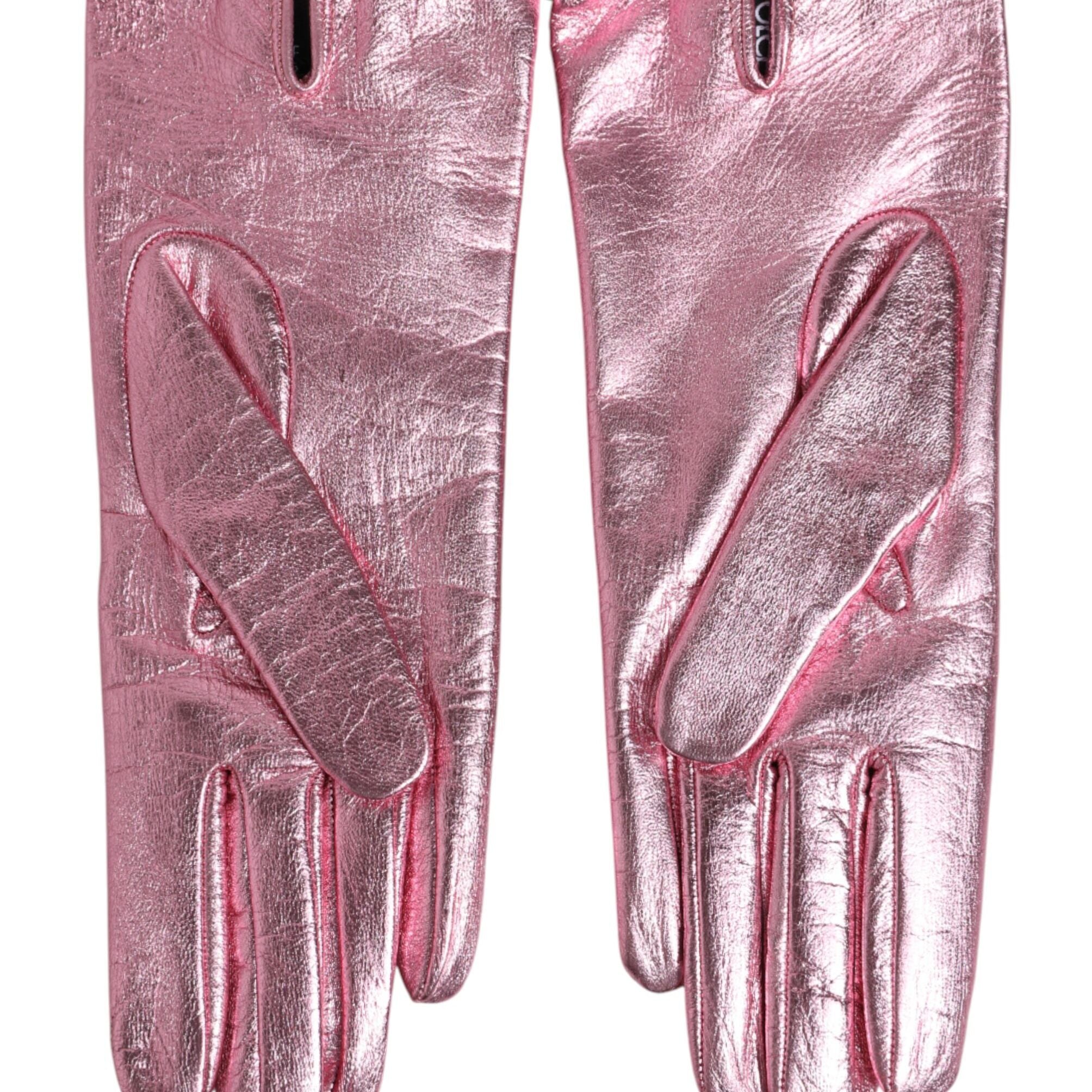 Dolce & Gabbana Pink Leather DG Logo Wrist Length Mitten Gloves
