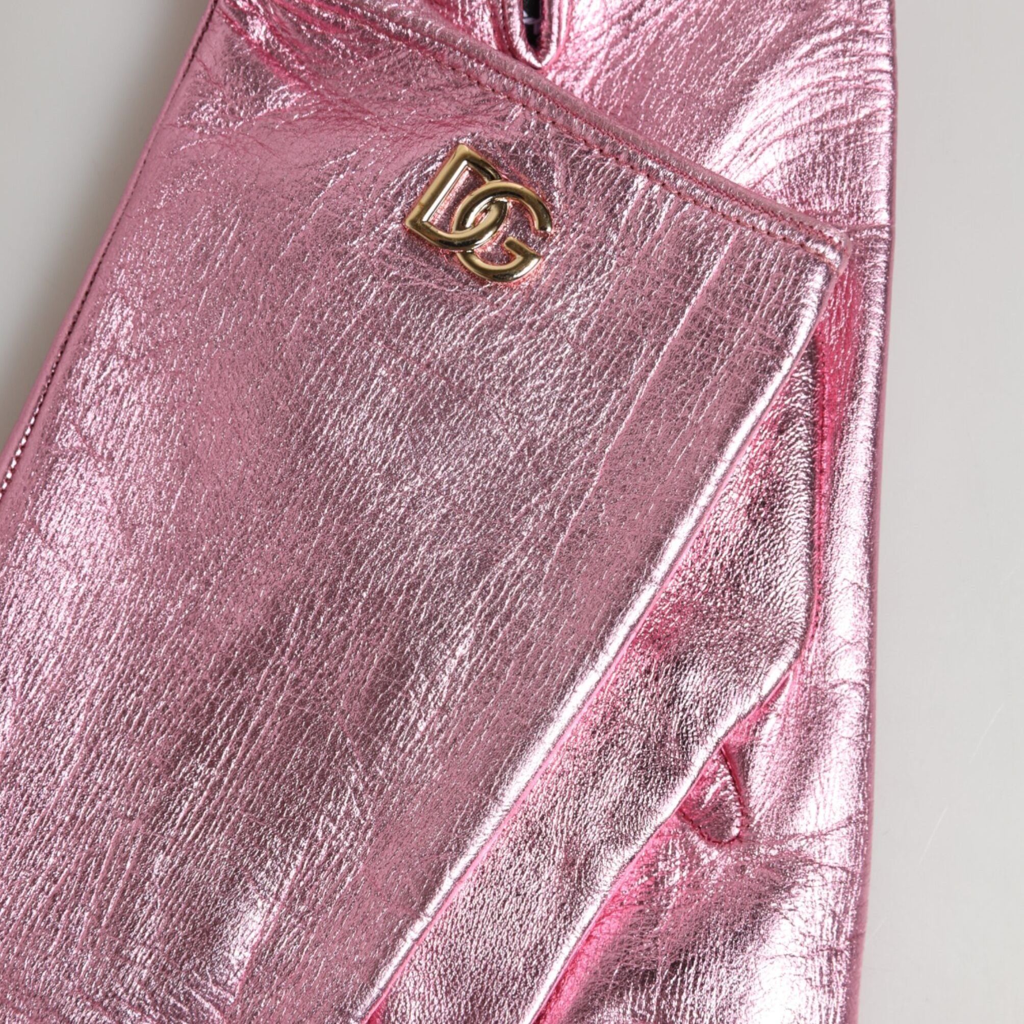 Dolce & Gabbana Pink Leather DG Logo Wrist Length Mitten Gloves