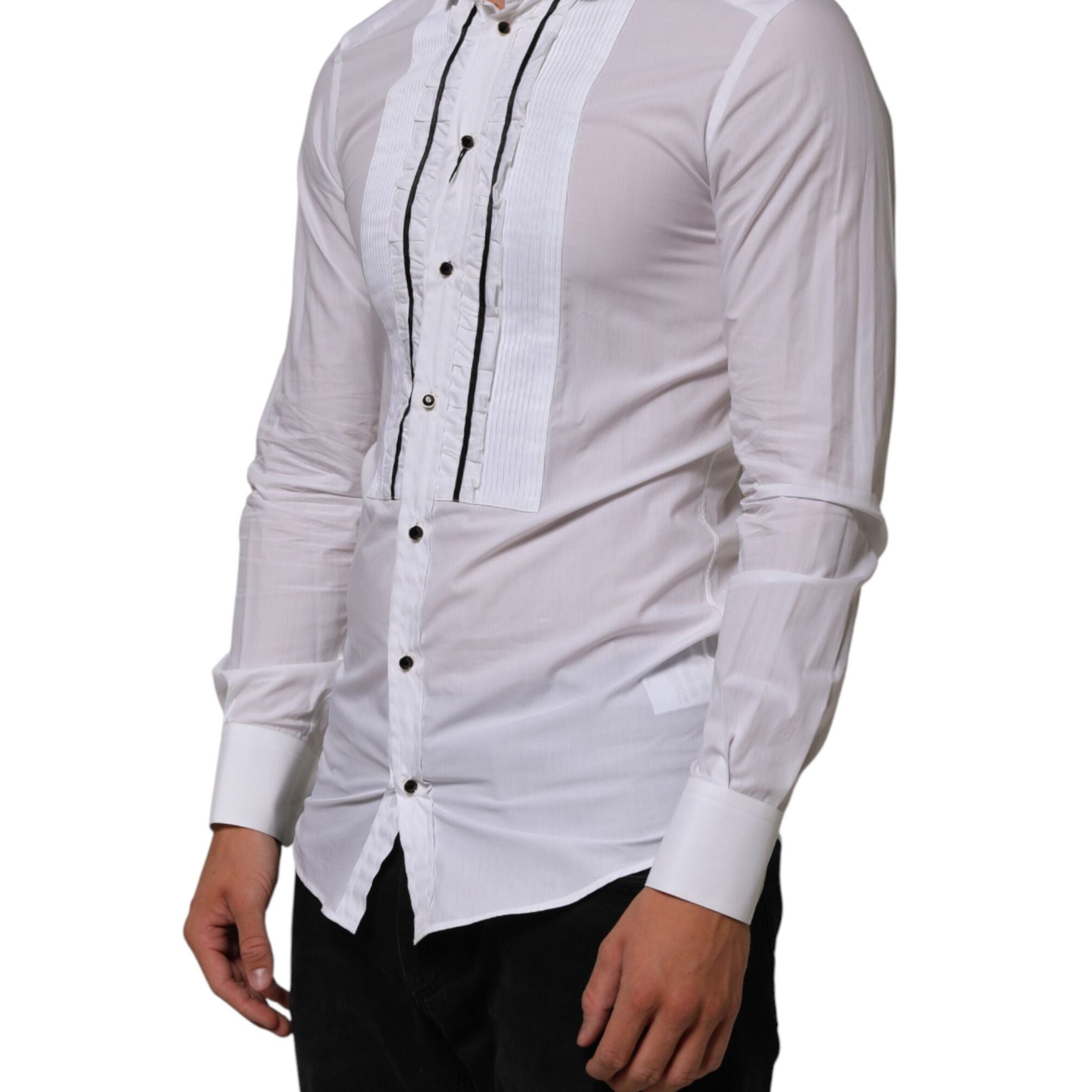 Dolce & Gabbana White Cotton Collared Long Sleeve GOLD Dress  Shirt