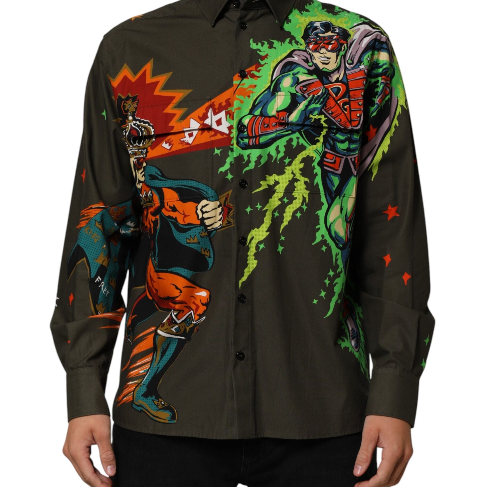 Dolce & Gabbana Green Superhero Print Button Down Shirt