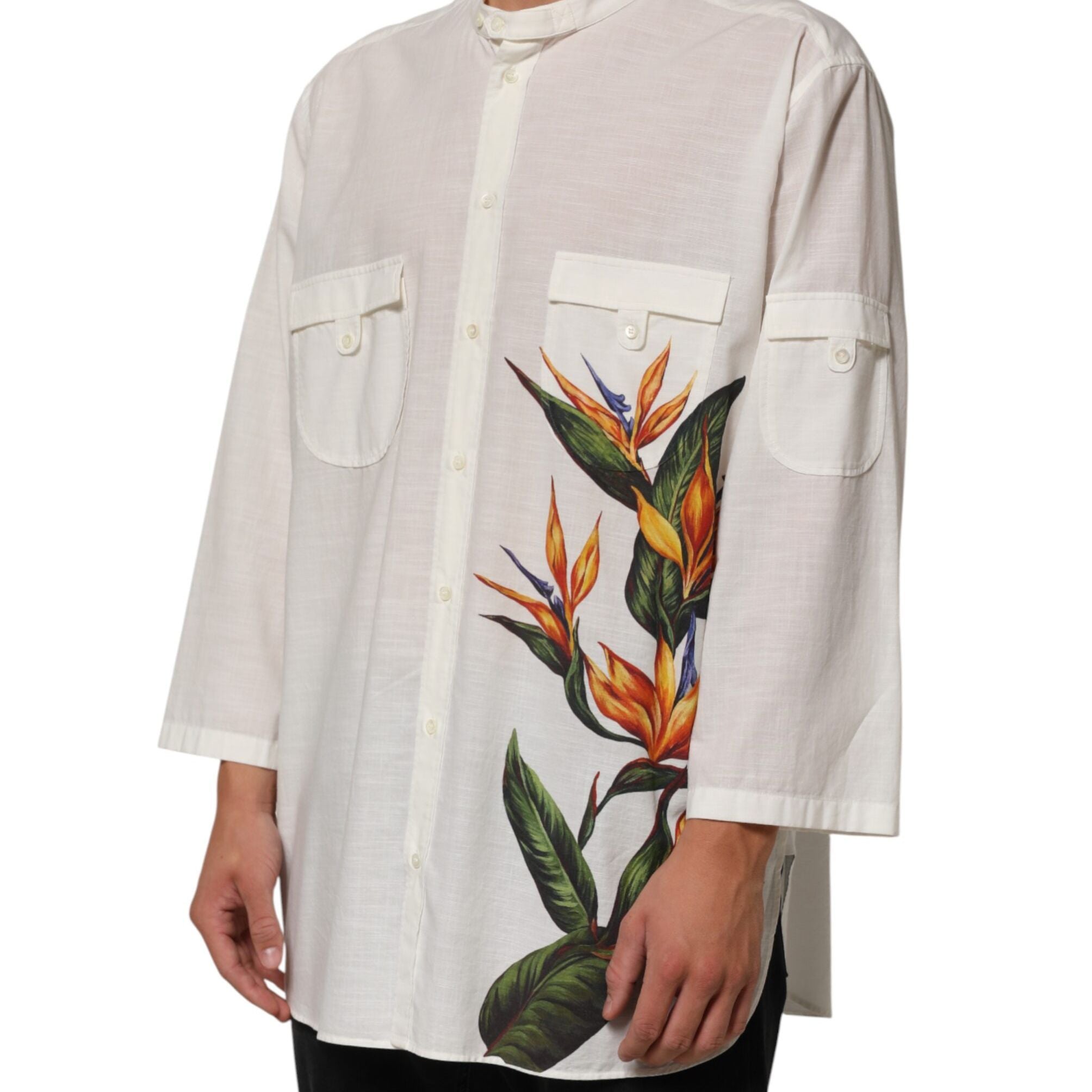 Dolce & Gabbana White Cotton Floral Print Button Down Shirt