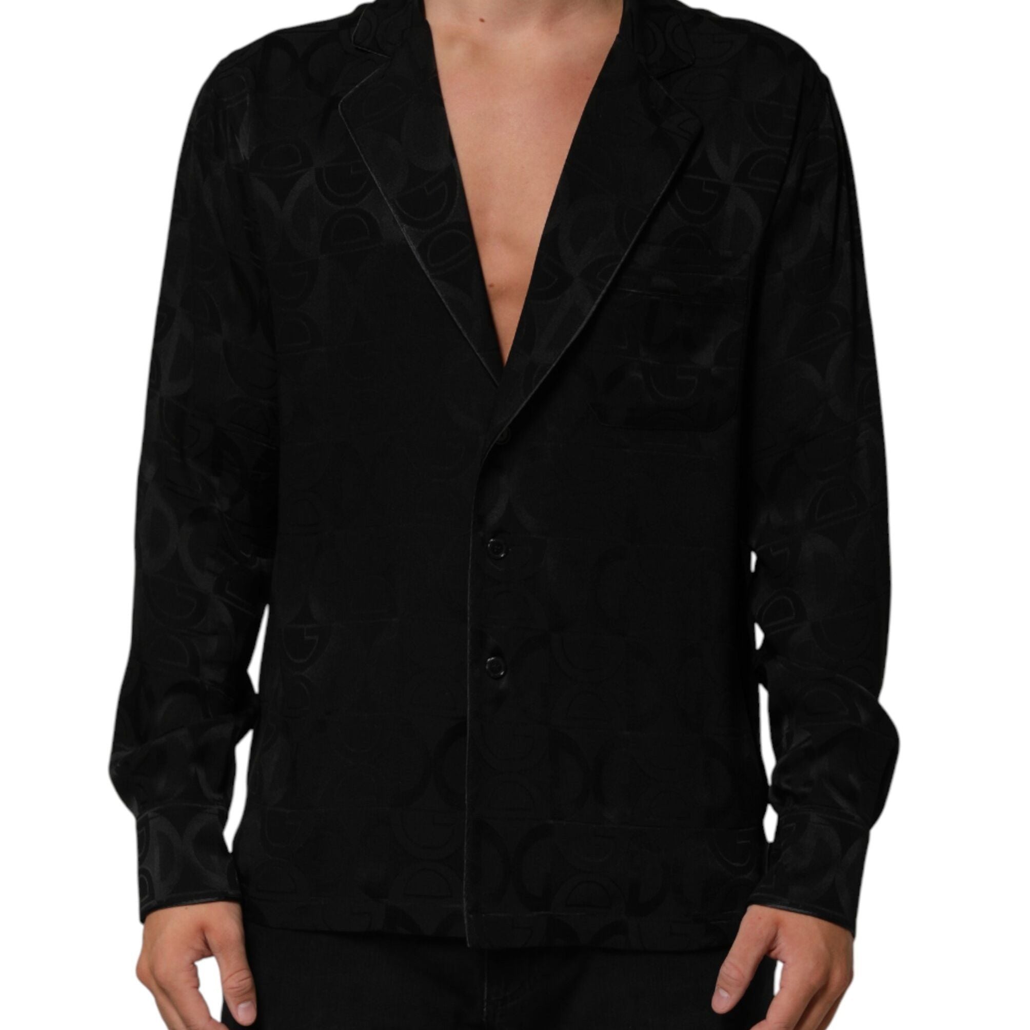 Dolce & Gabbana Black DG Logo Silk Men Long Sleeves Shirt
