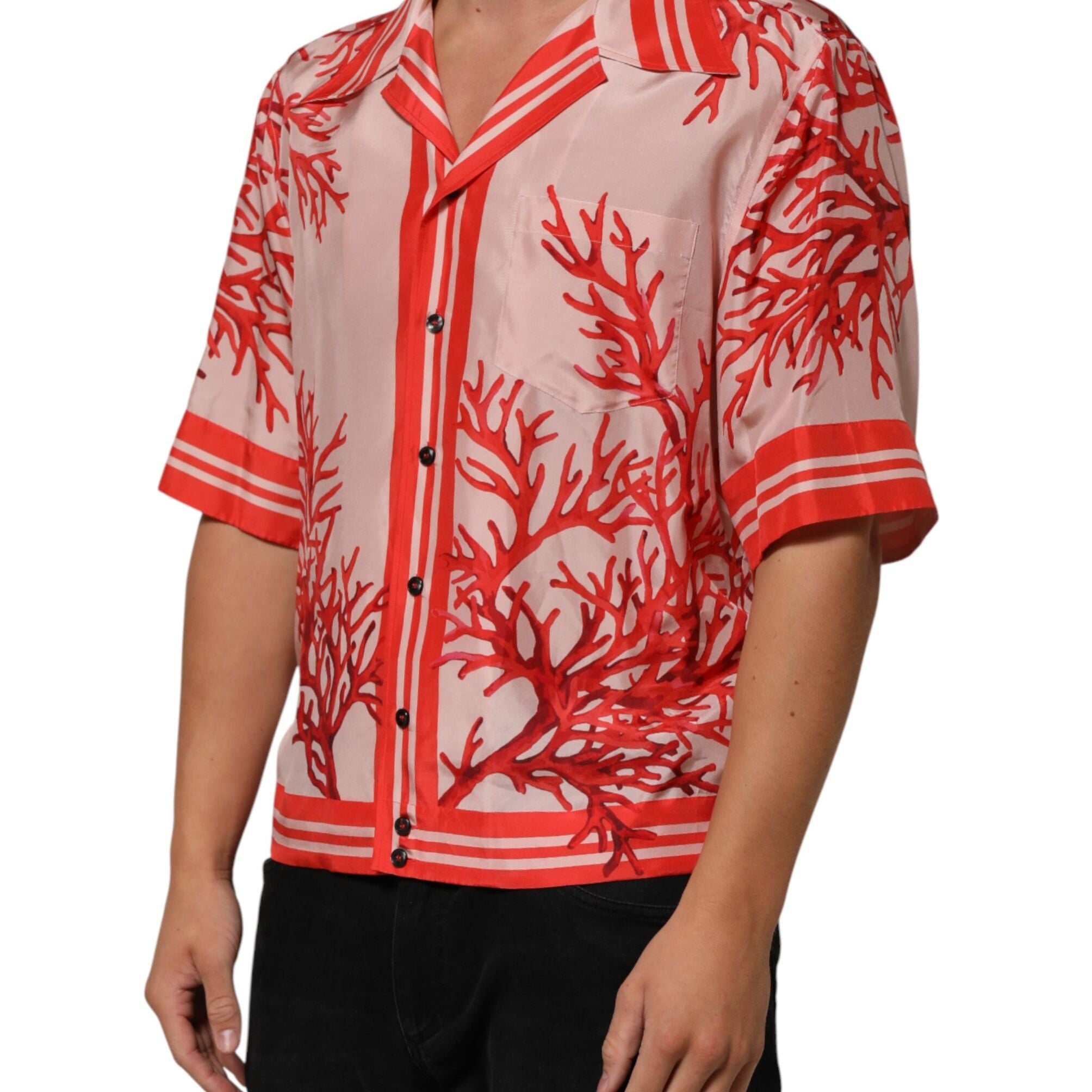 Dolce & Gabbana Shirt Red Corals Short Sleeves Button Down