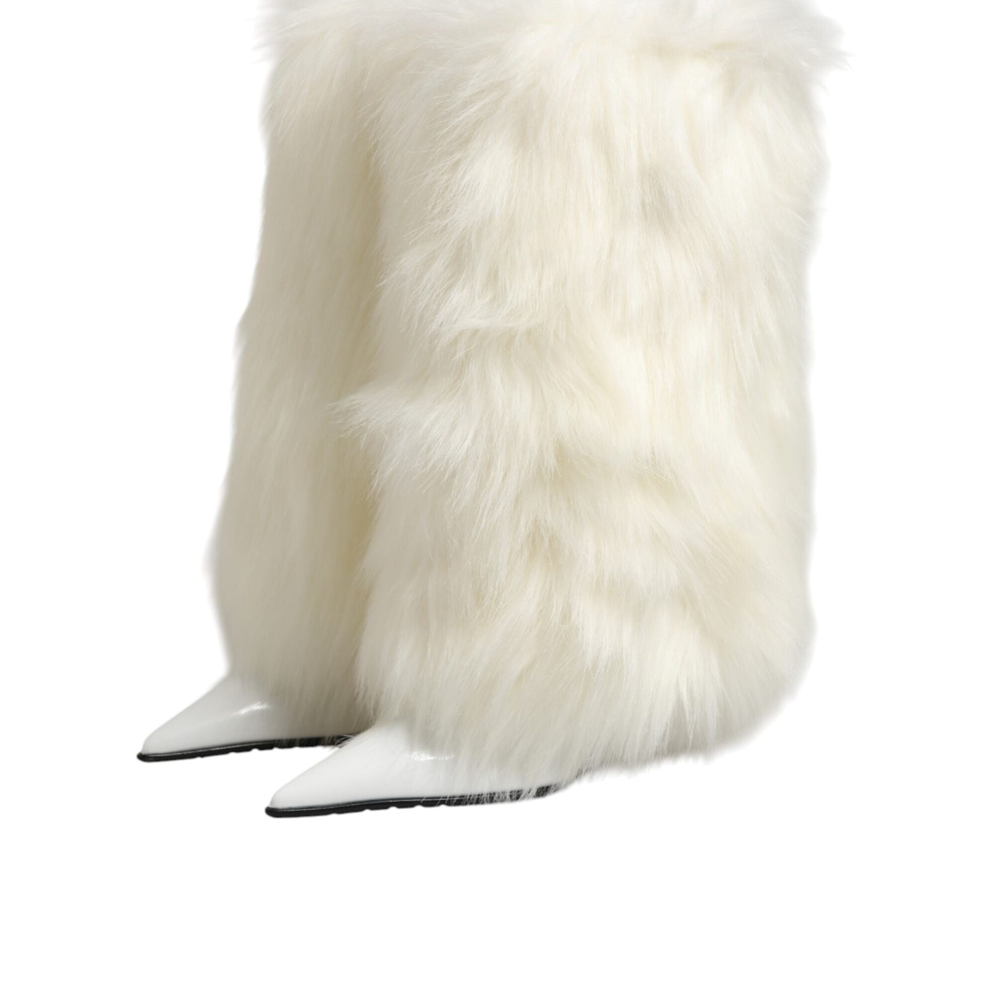 Dolce & Gabbana White Fur Pointed Knee High Stiletto Boots Shoes