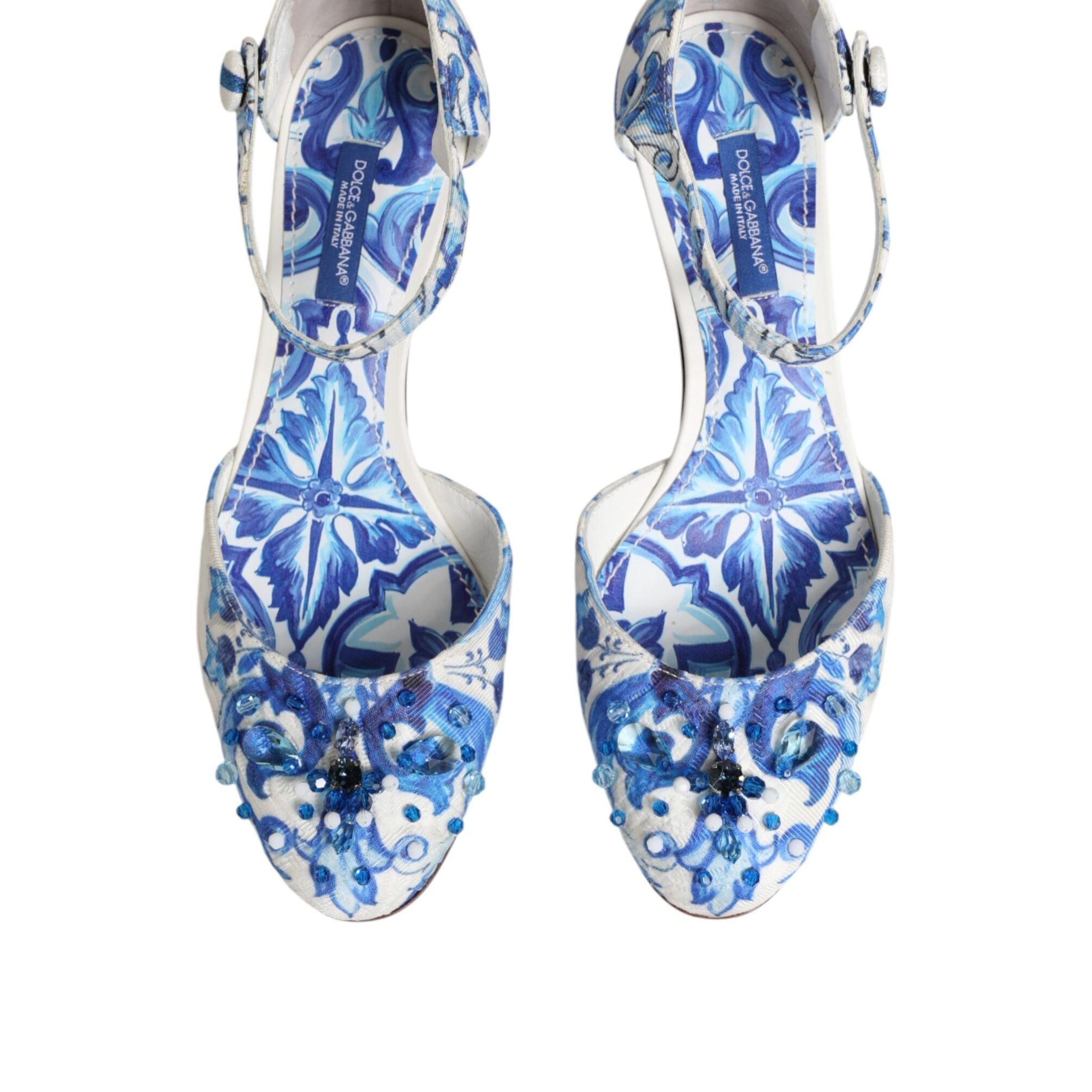 Dolce & Gabbana White Blue Floral Crystal Ankle Straps Shoes