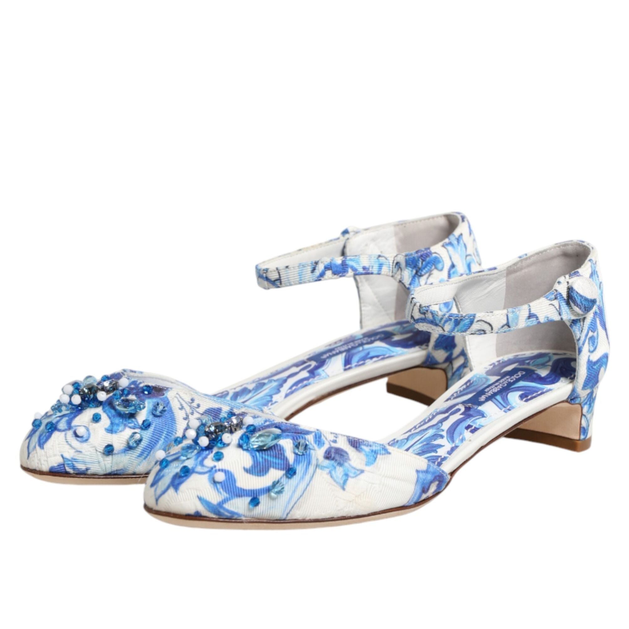 Dolce & Gabbana White Blue Floral Crystal Ankle Straps Shoes