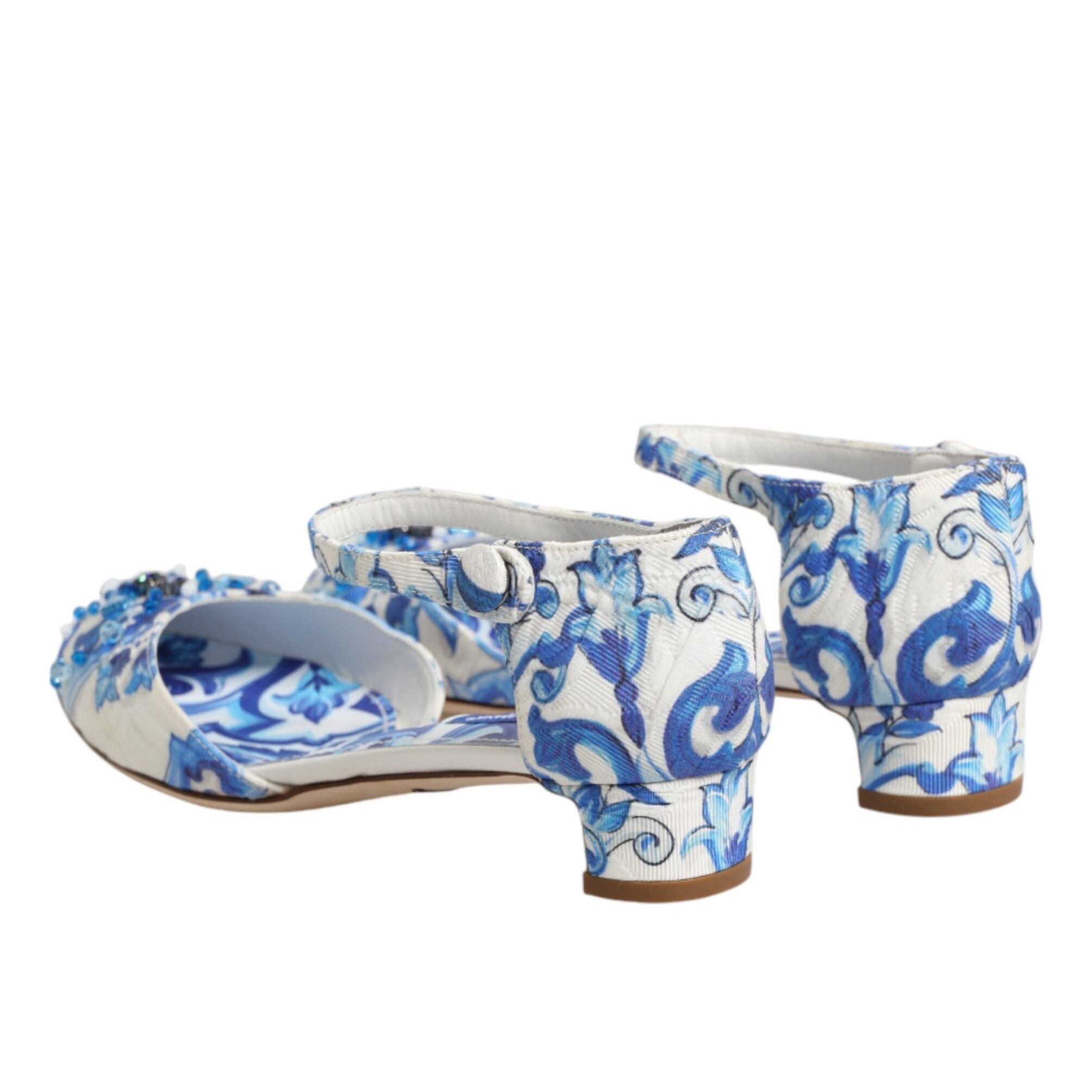 Dolce & Gabbana White Blue Floral Crystal Ankle Straps Shoes