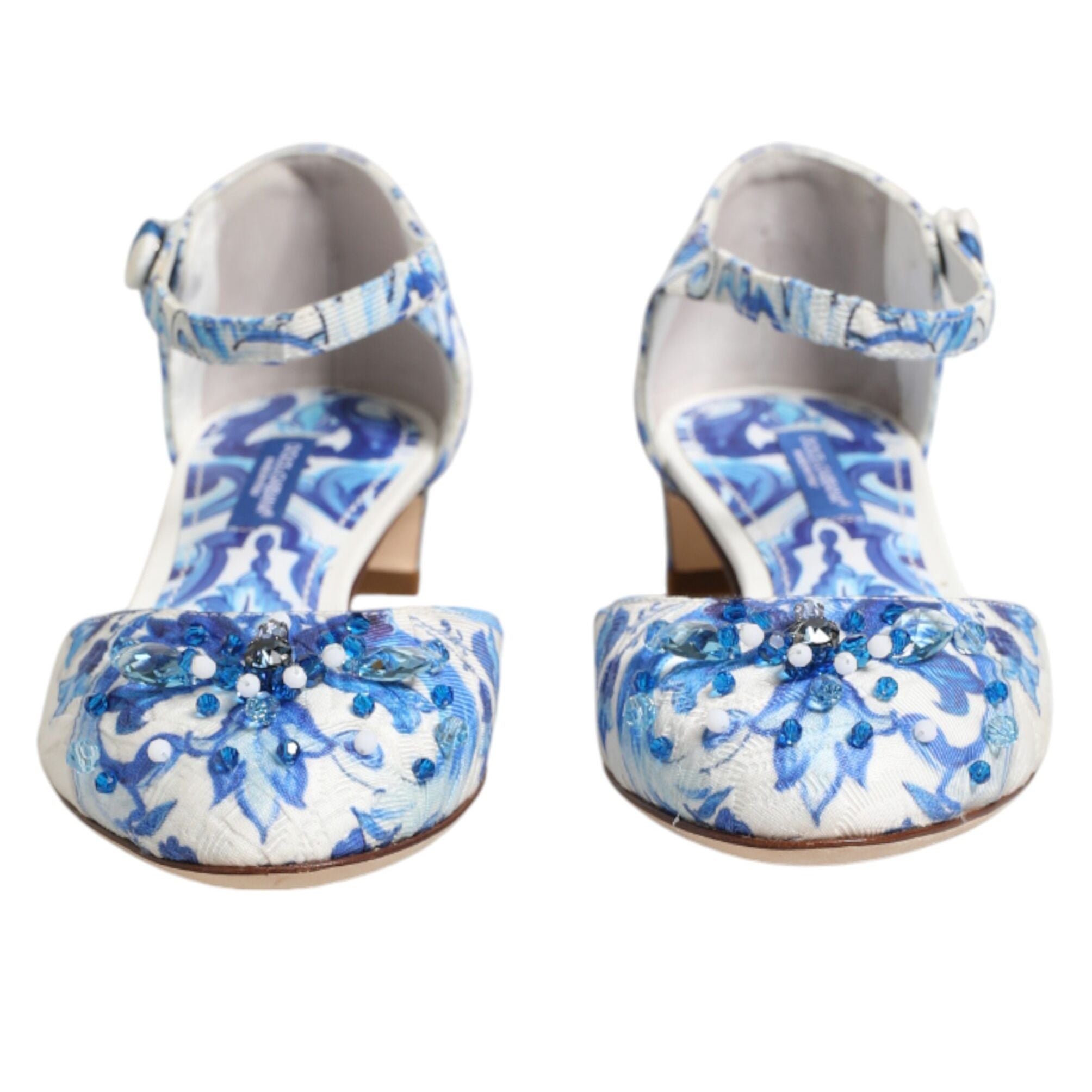 Dolce & Gabbana White Blue Floral Crystal Ankle Straps Shoes
