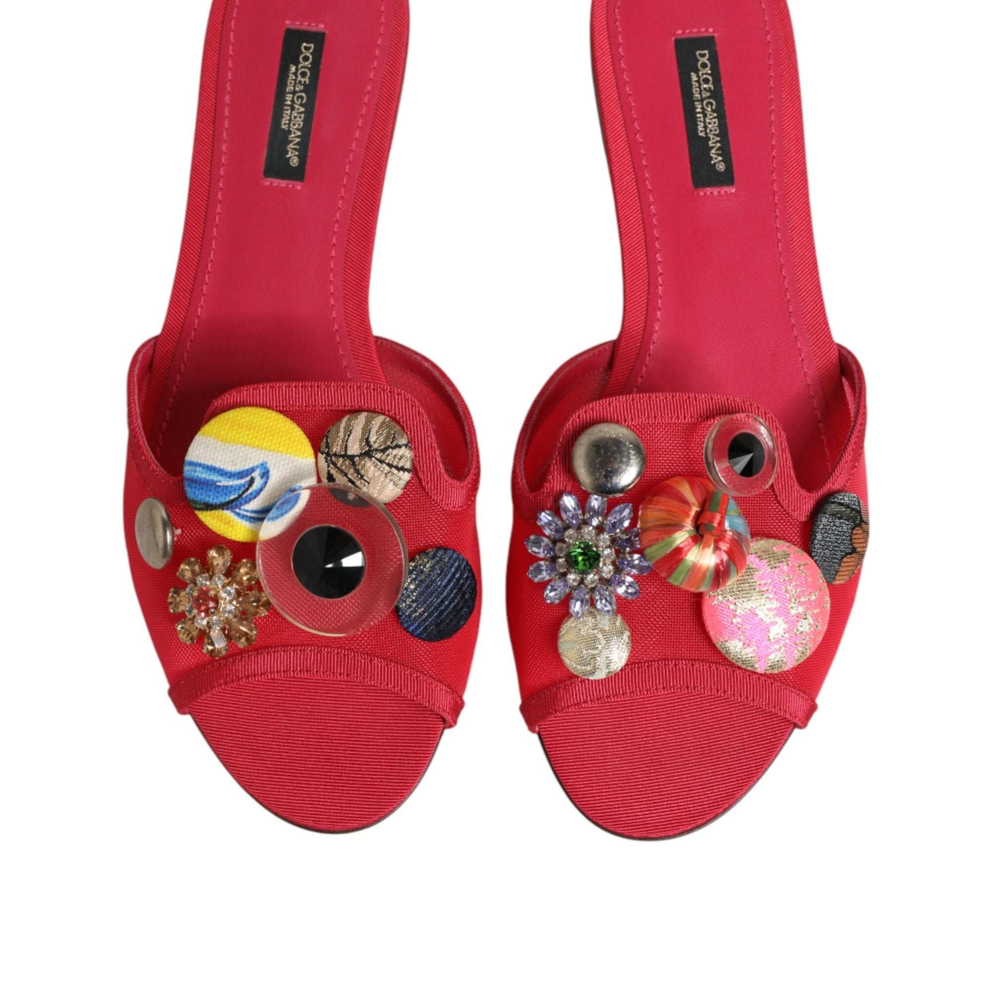 Dolce & Gabbana Red Embellished Flats Slip On Sandals Shoes