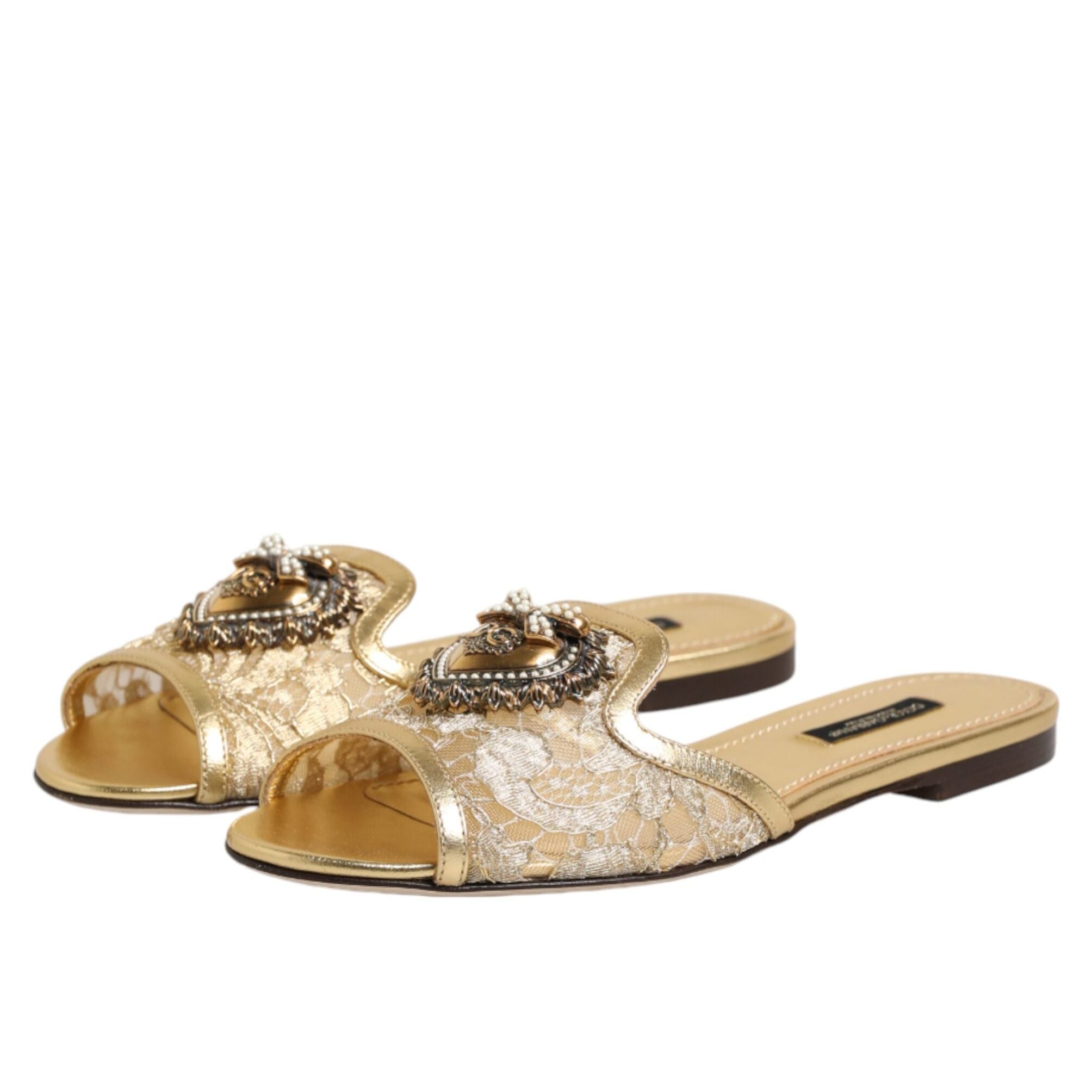 Dolce & Gabbana Gold Devotion Lace Flats Slip On Sandals Shoes