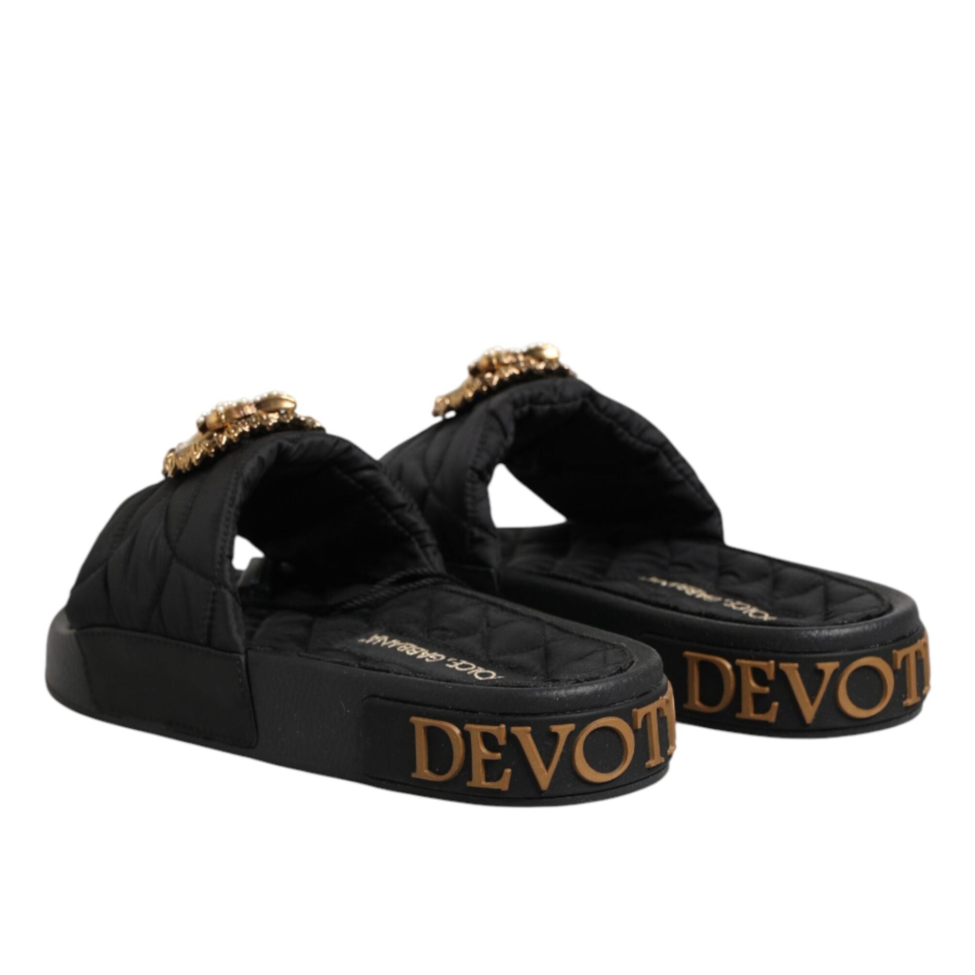 Dolce & Gabbana Black Devotion Matelassé Leather Slides Shoes