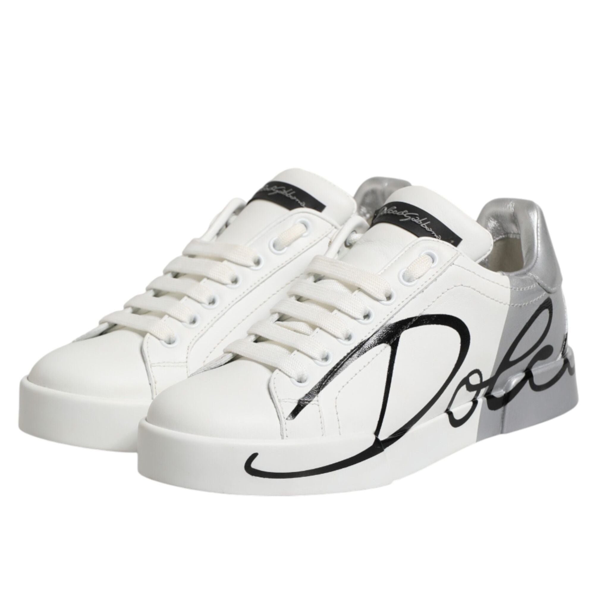 Dolce & Gabbana White Gray Low Top Leather Sneaker Shoes