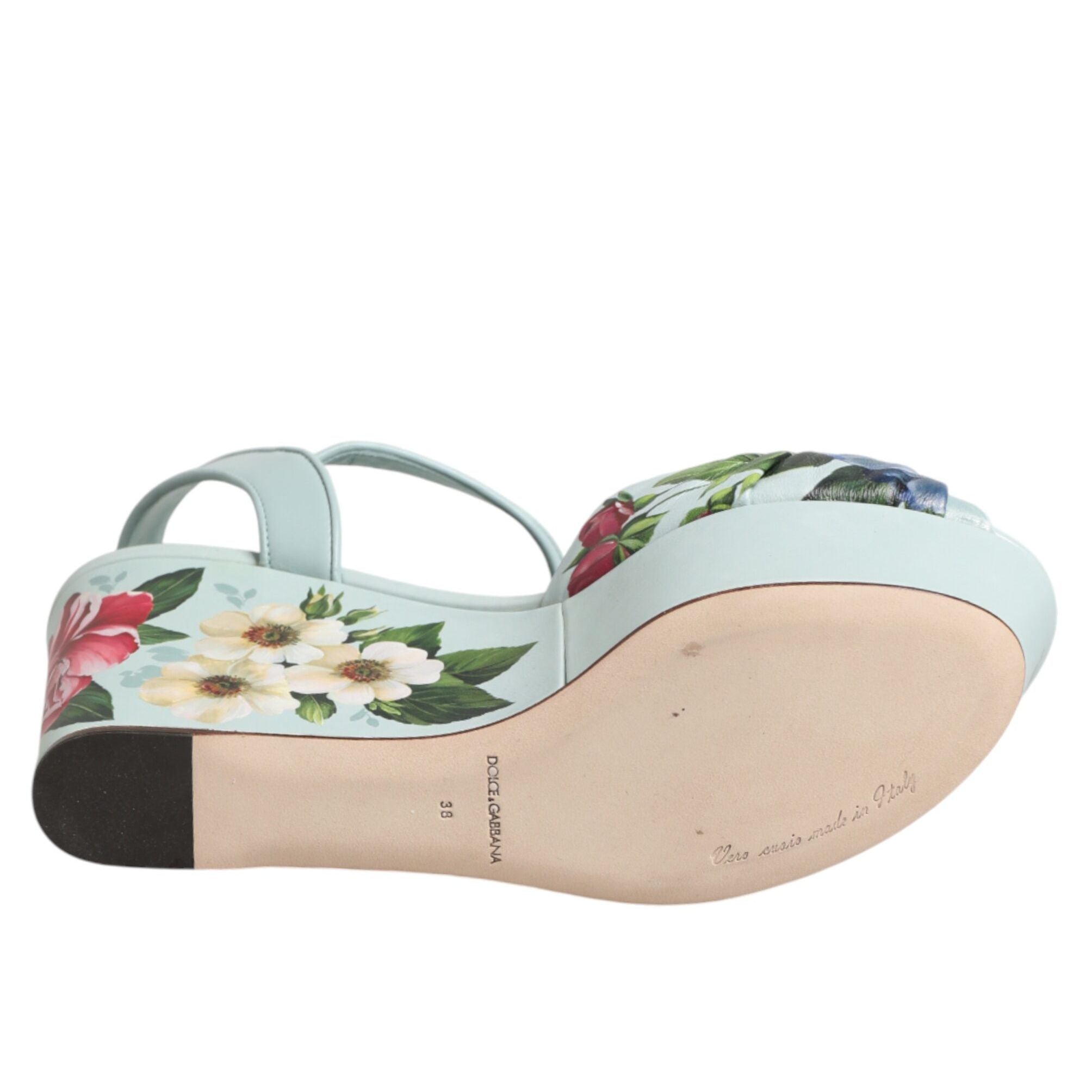 Dolce & Gabbana Green Floral Ankle Strap Wedge Sandals Shoes