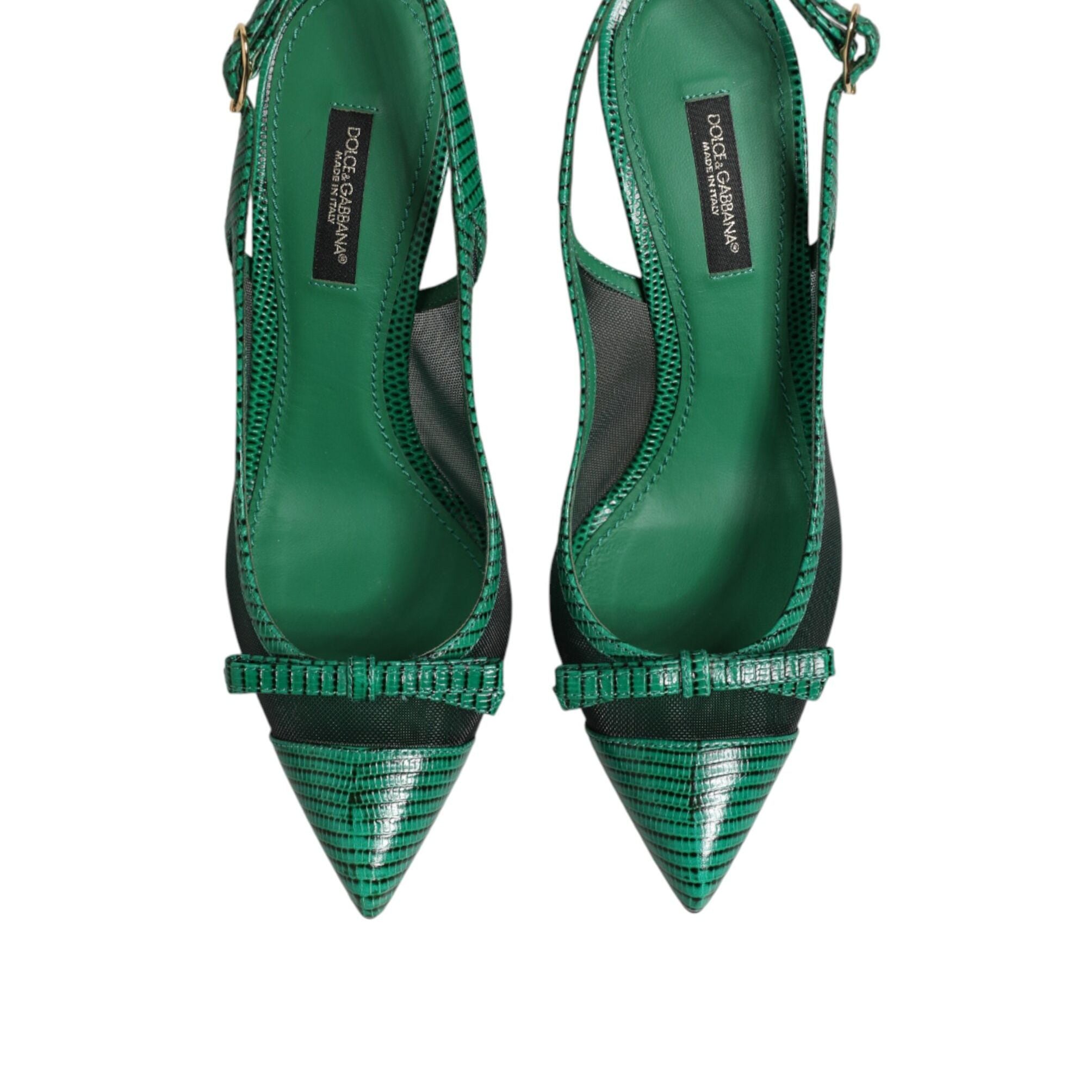 Dolce & Gabbana Green Leather Mesh Heels Slingback  Shoes