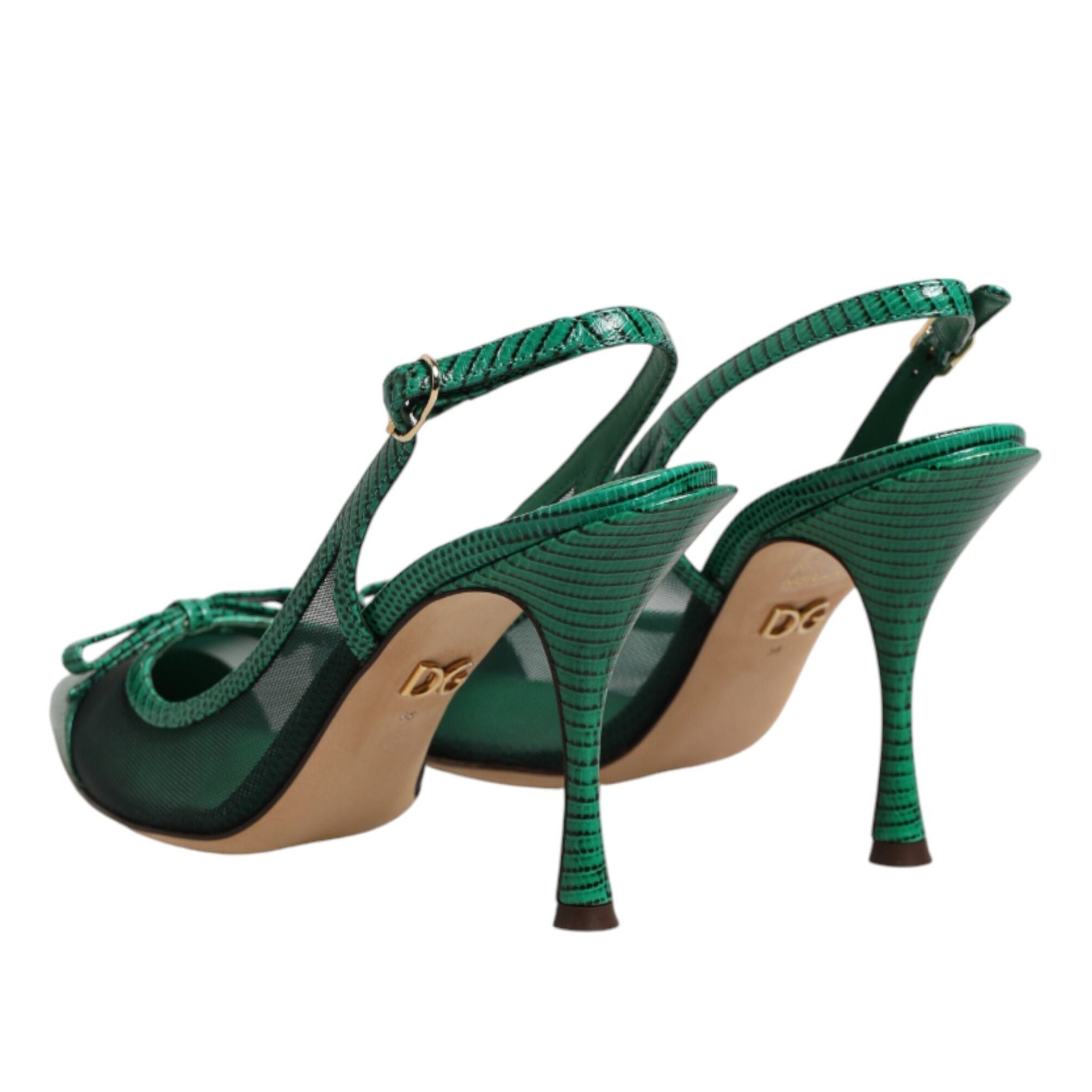 Dolce & Gabbana Green Leather Mesh Heels Slingback  Shoes