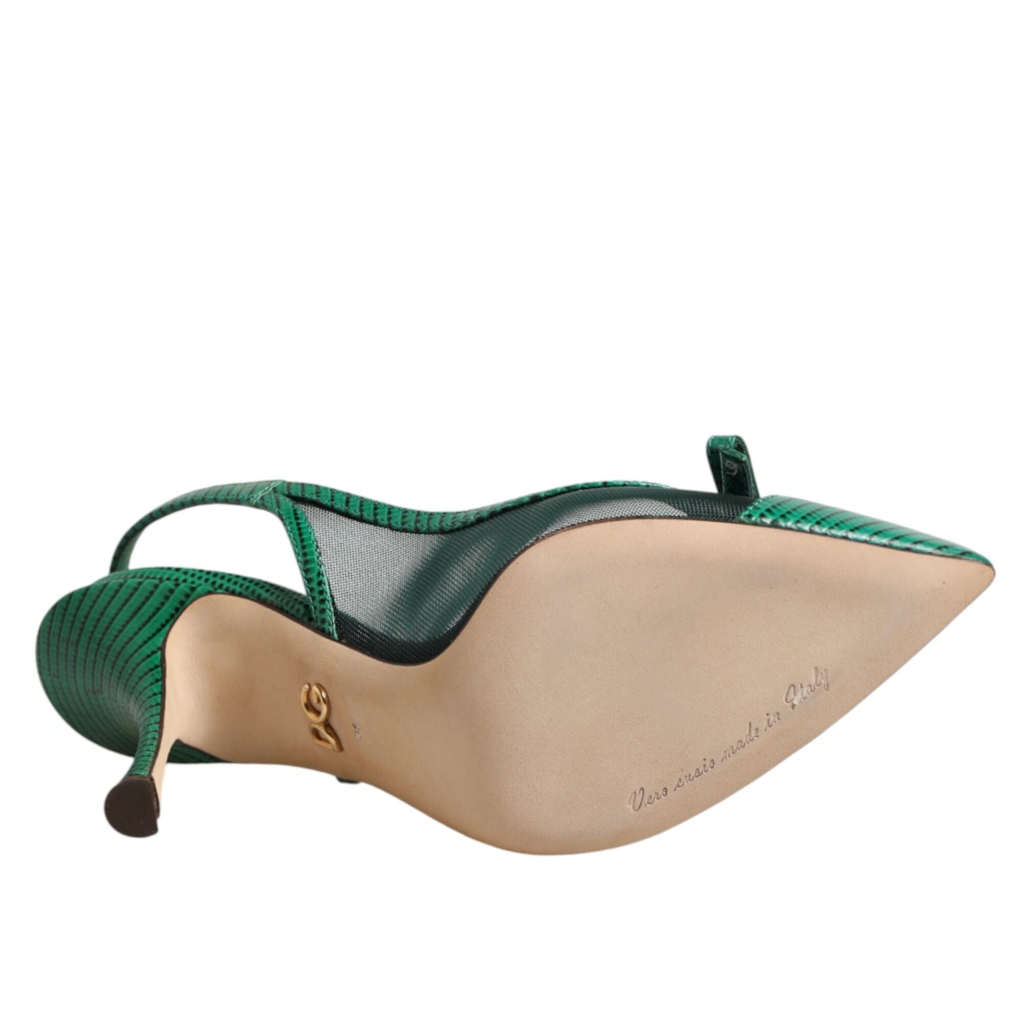 Dolce & Gabbana Green Leather Mesh Heels Slingback  Shoes