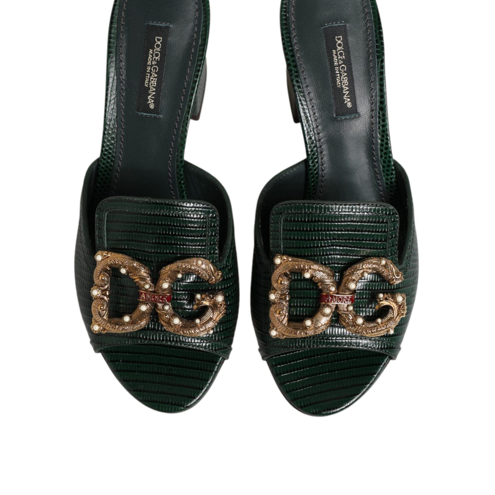 Dolce & Gabbana Green DG Amore Heel Slides Sandals Shoes