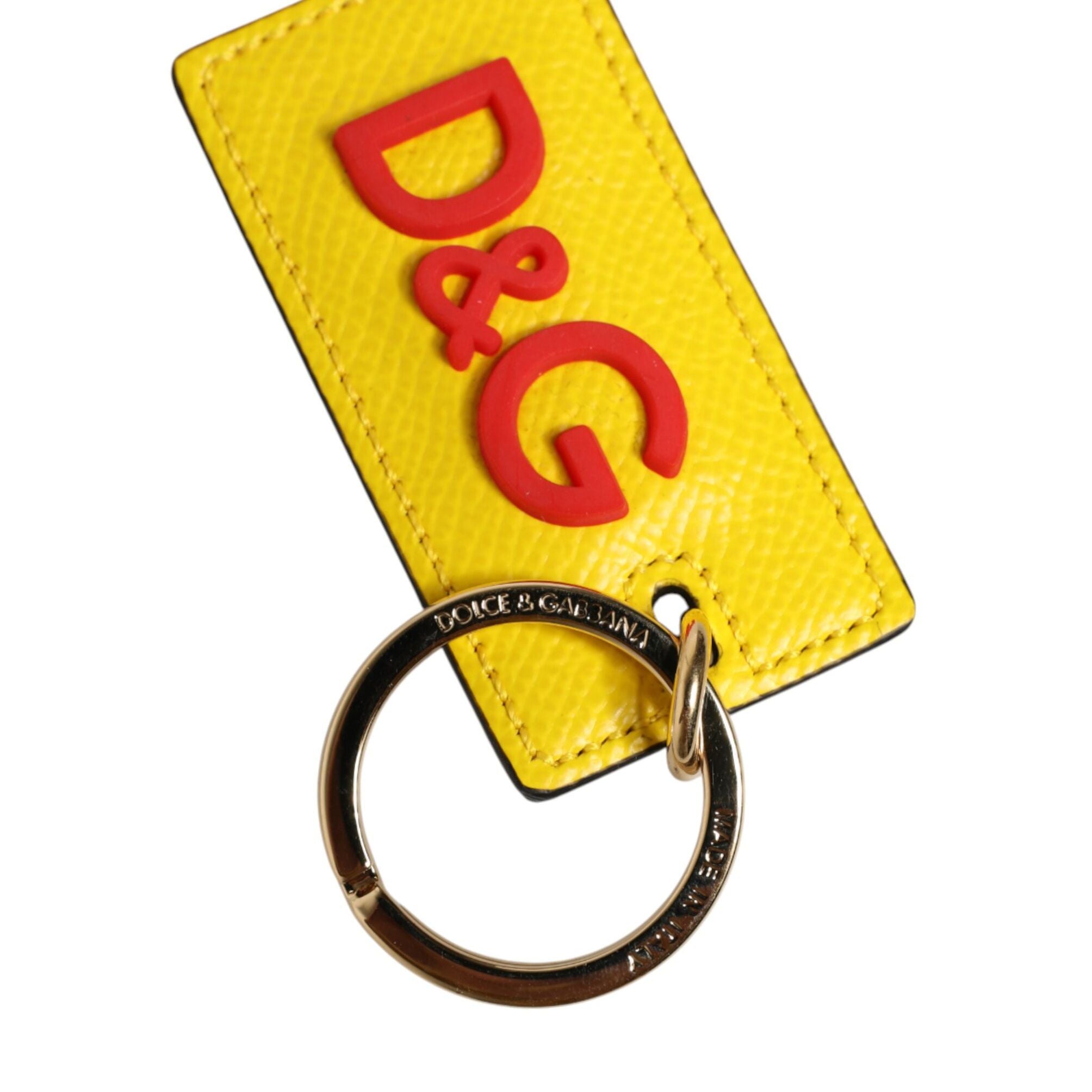 Dolce & Gabbana Yellow Calf Leather Logo Metal Ring Men Keychain Keyring