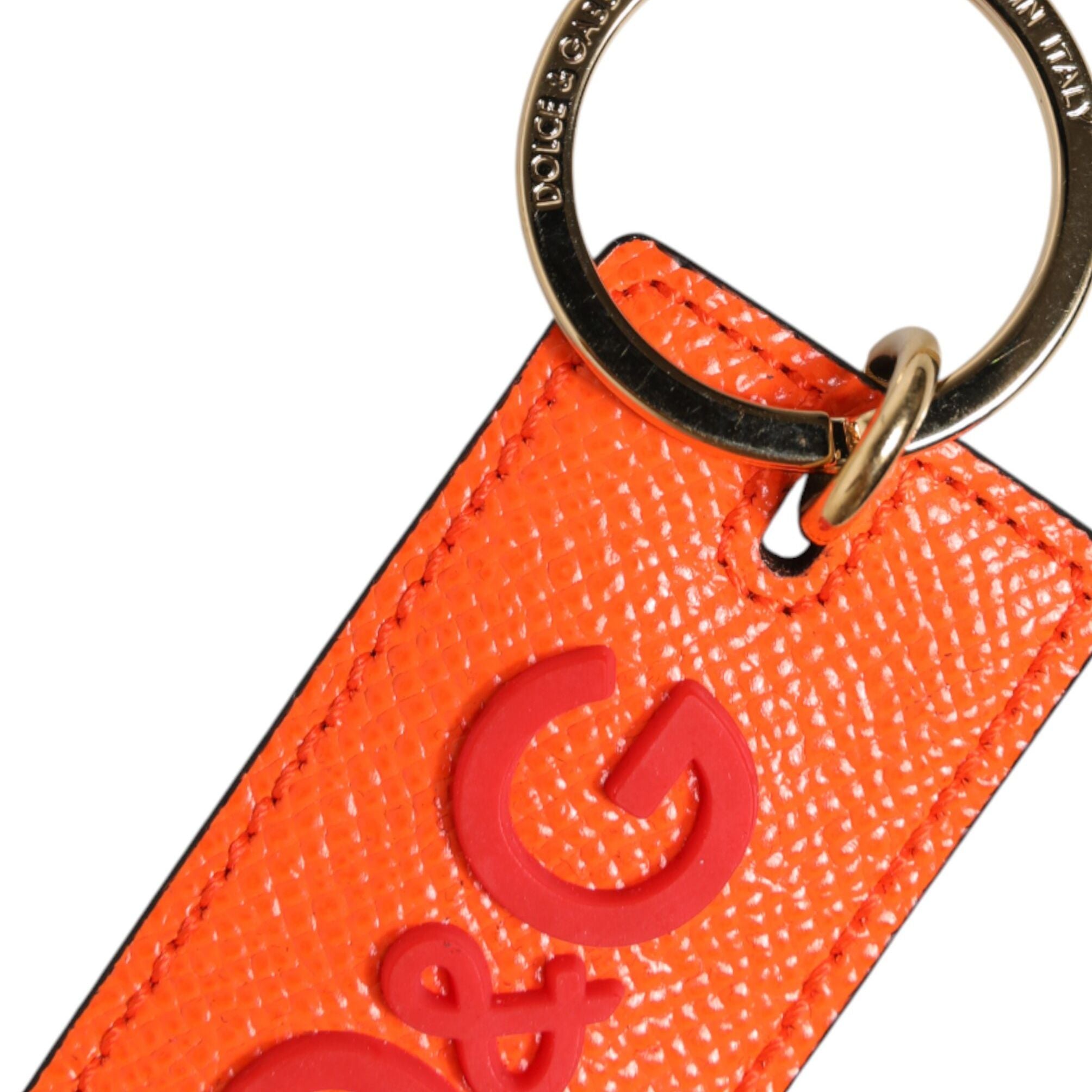 Dolce & Gabbana Orange Calf Leather Logo Metal Ring Keychain Keyring