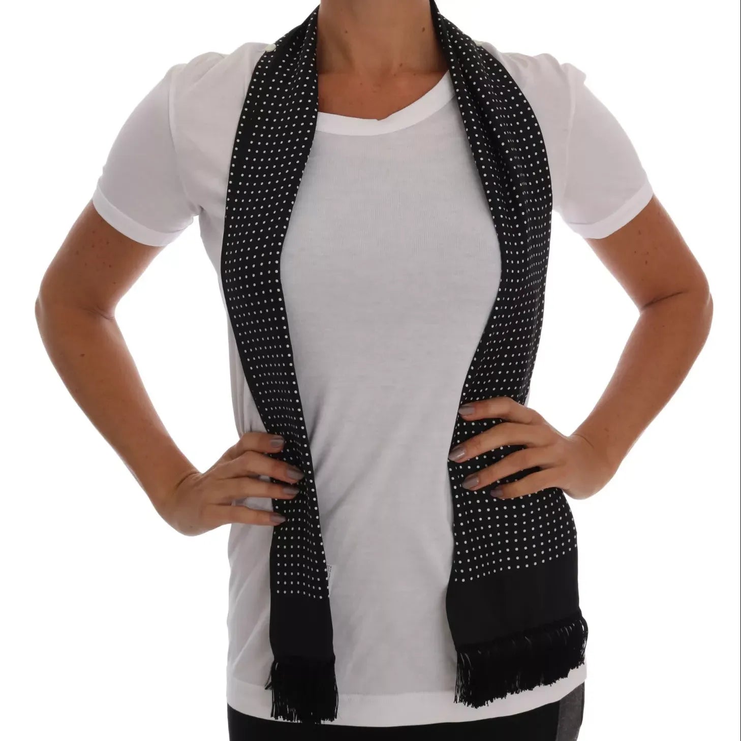 Dolce & Gabbana White Cotton Black Silk Scarf Top T-shirt