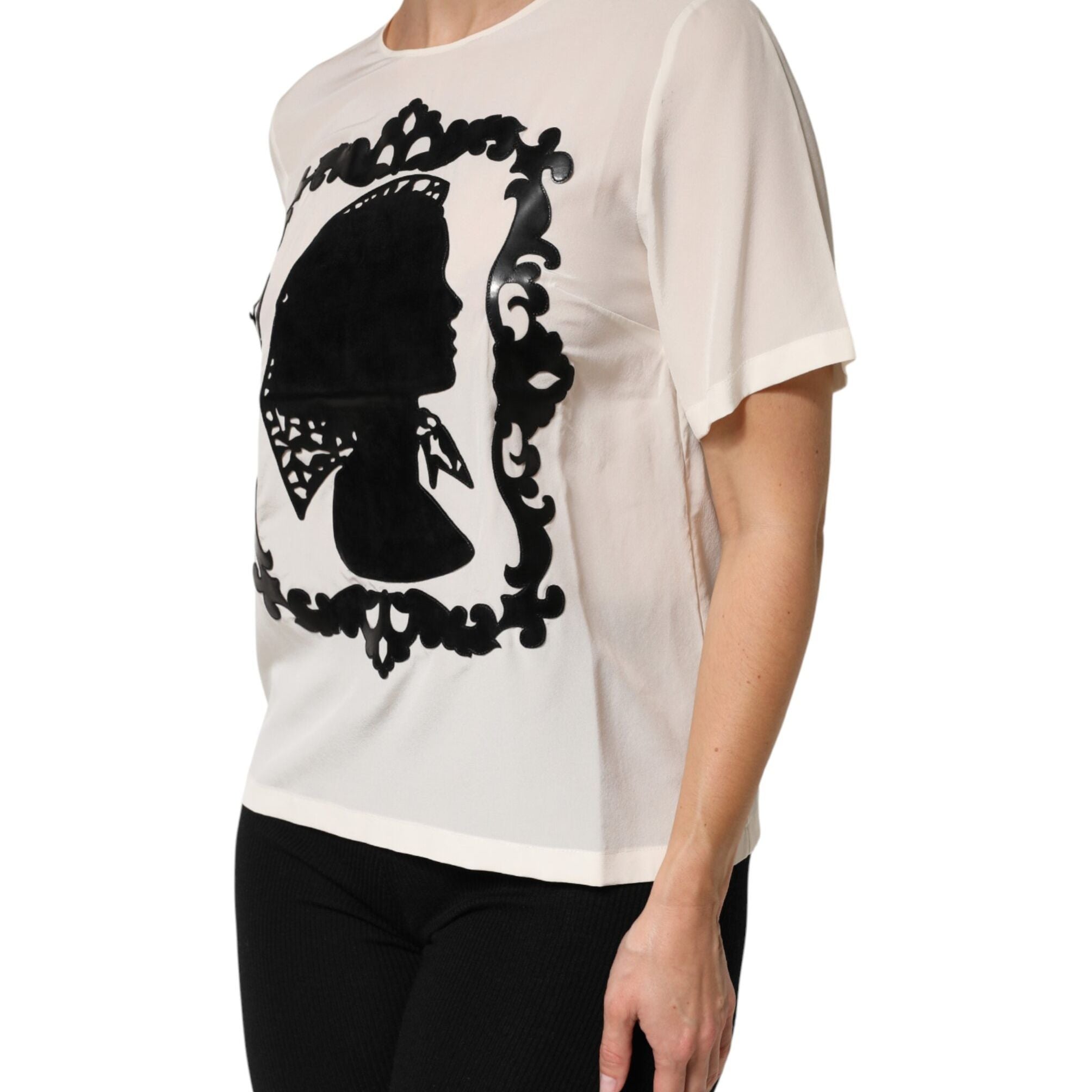 Dolce & Gabbana Cream Silk Silhouette Detail Short Sleeve Top