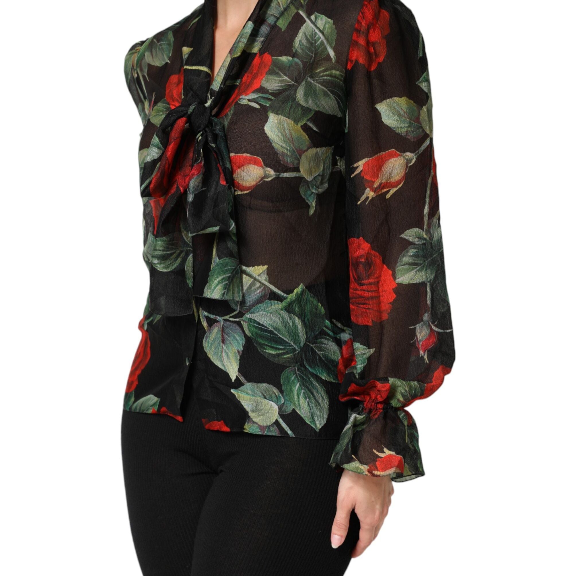 Dolce & Gabbana Black Floral Long Sleeves Silk Blouse Top