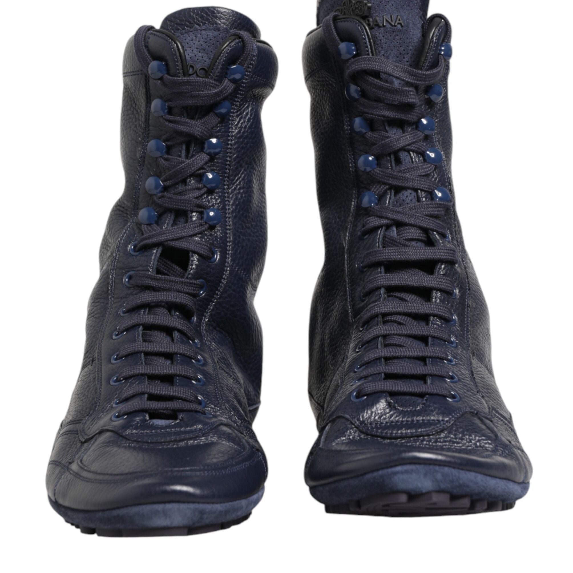 Dolce & Gabbana Dark Blue Deer Leather Mid Calf Boots Shoes