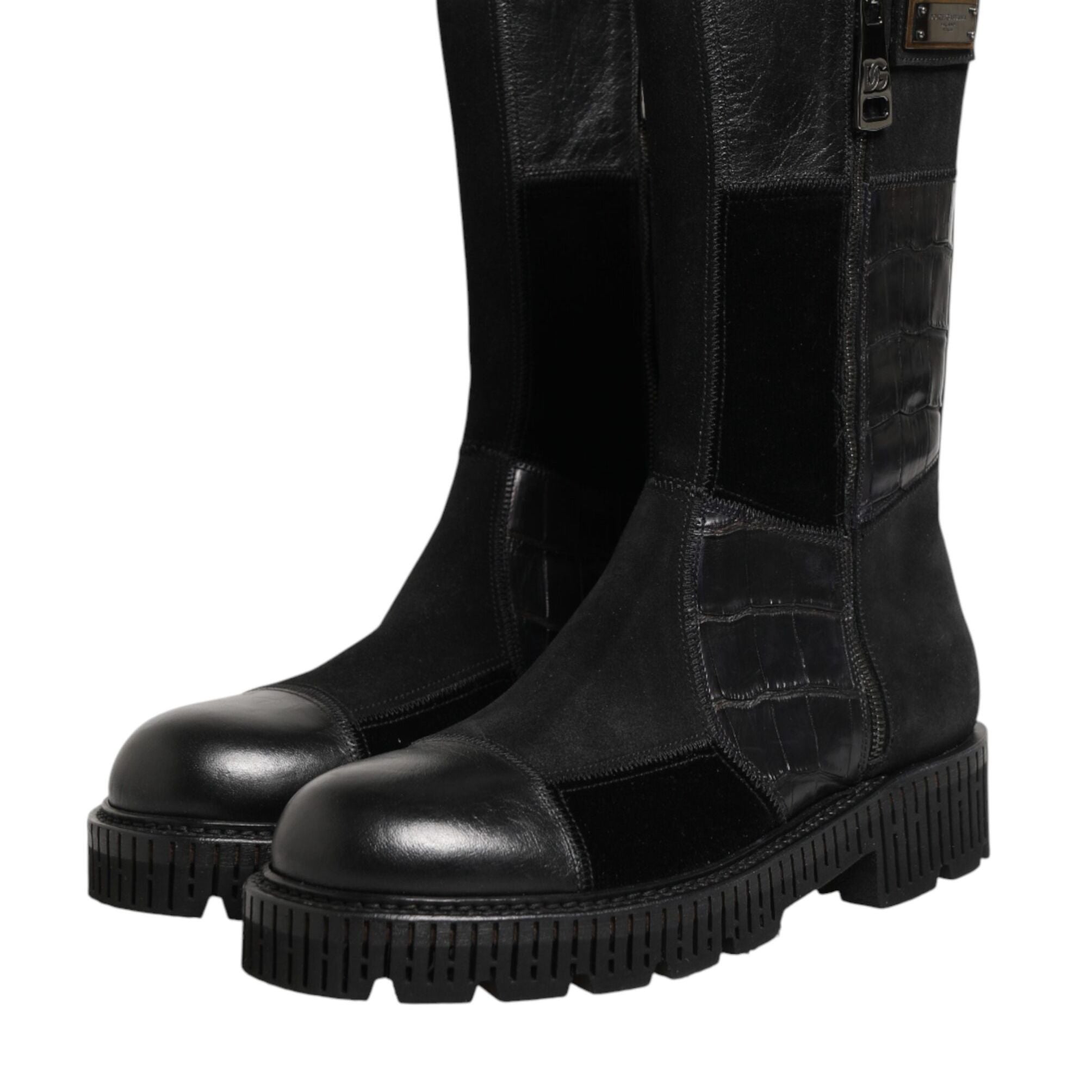 Dolce & Gabbana Black Patchwork Leather Mid Calf Boot  Shoes