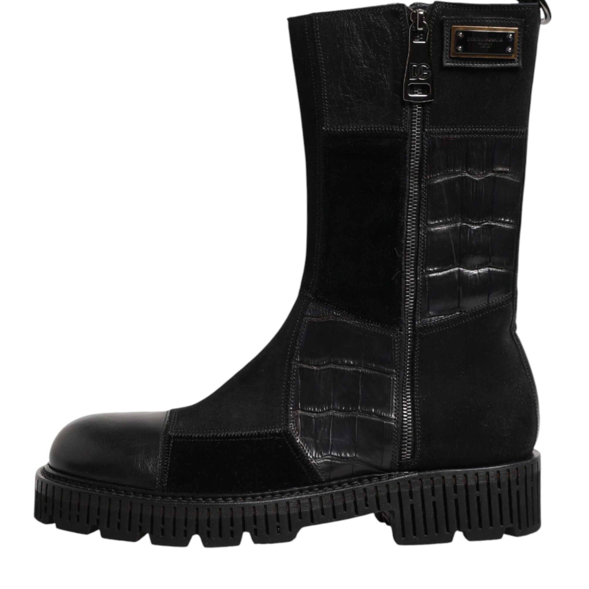 Dolce & Gabbana Black Patchwork Leather Mid Calf Boot  Shoes