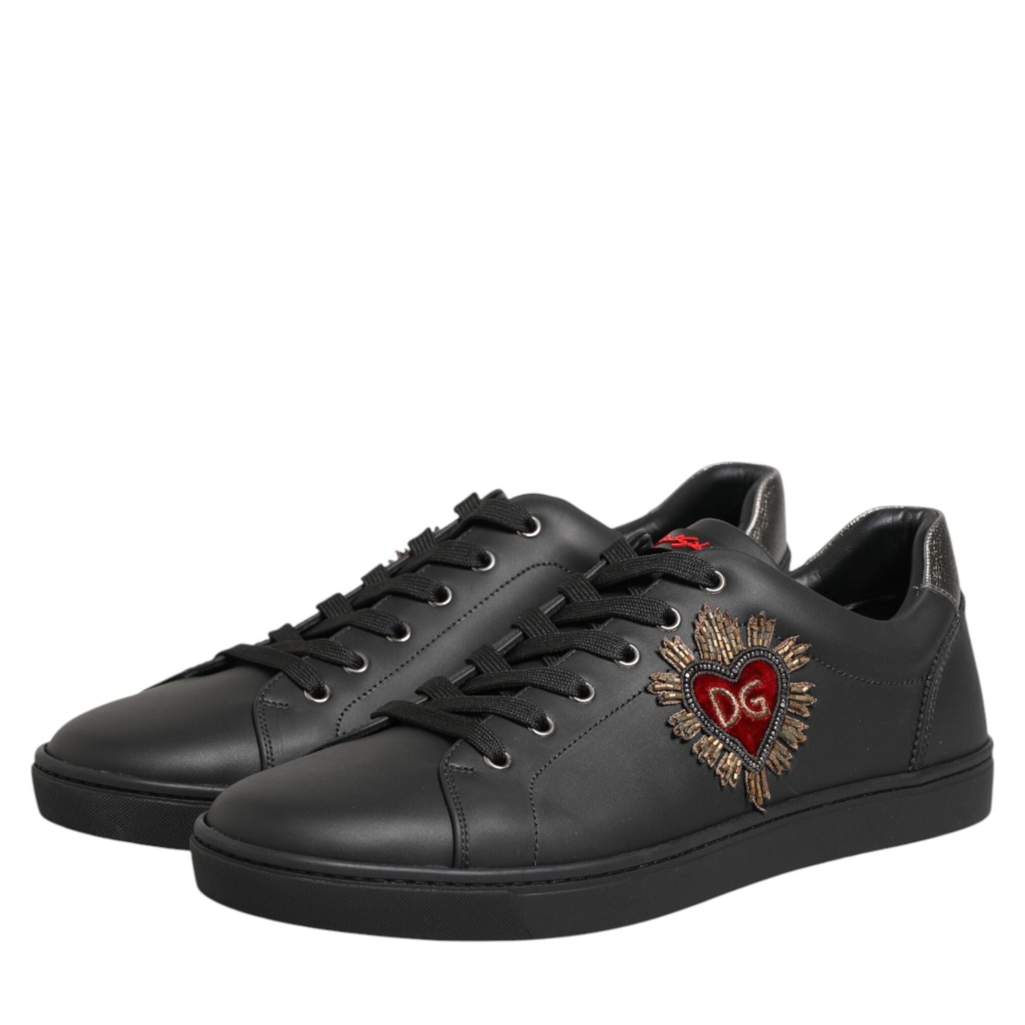Dolce & Gabbana Black Leather Heart Embellished Sneakers Shoes