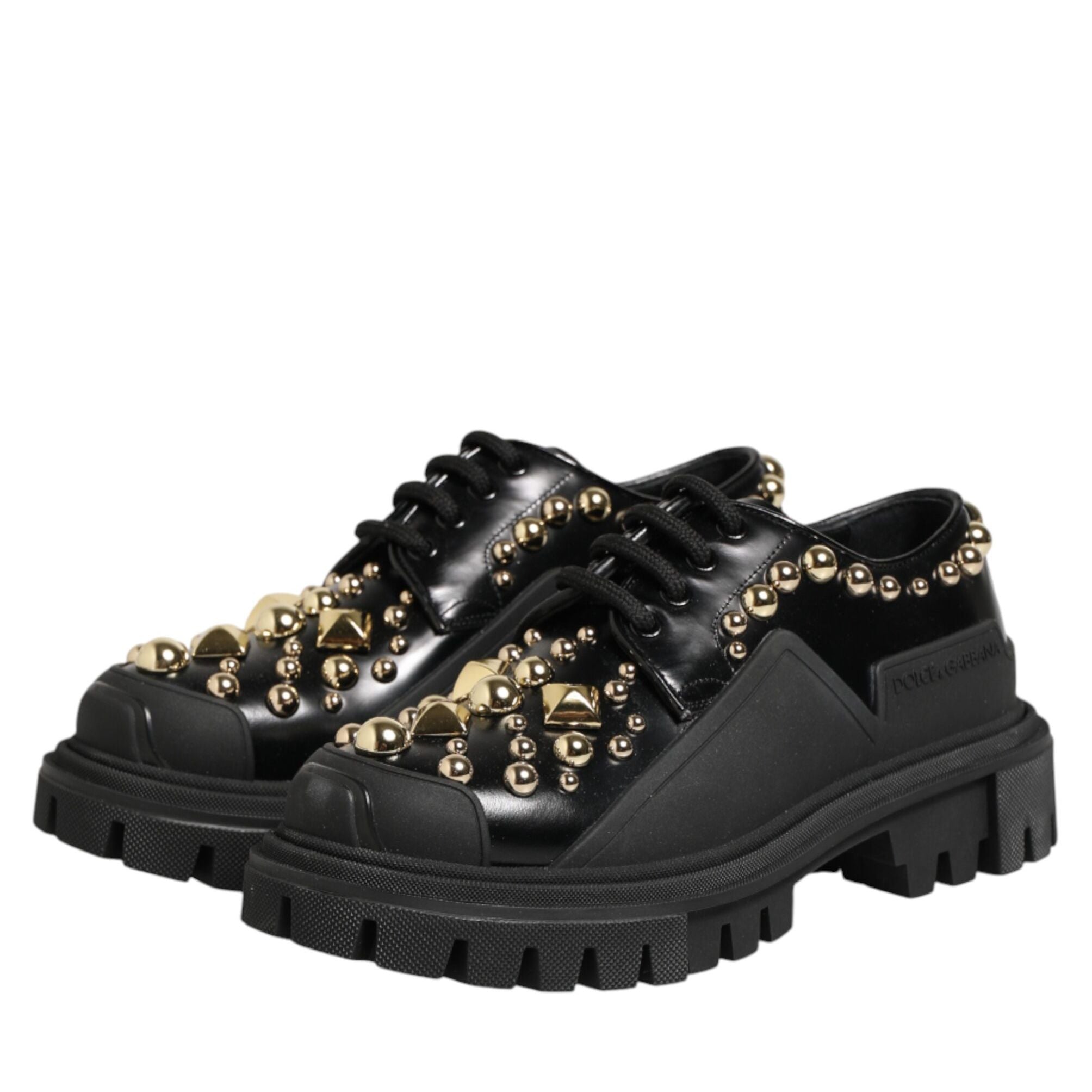 Dolce & Gabbana Black Leather Jeweled Crystals Derby Shoes
