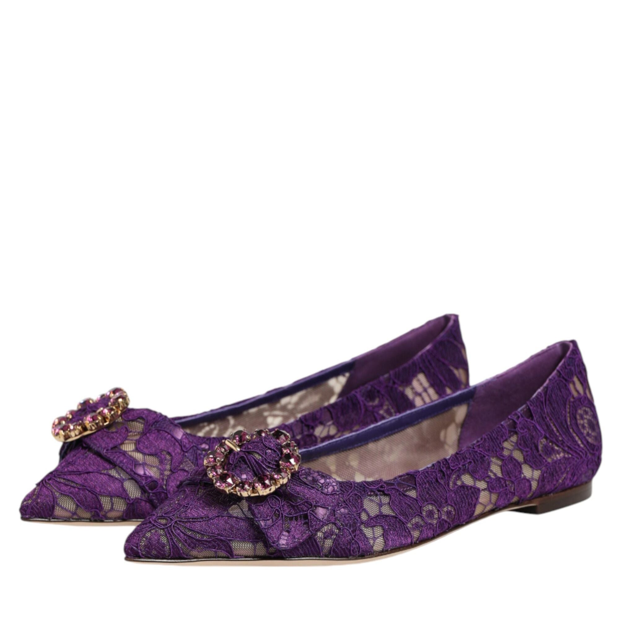 Dolce & Gabbana Purple Taormina Lace Crystals Flats Shoes