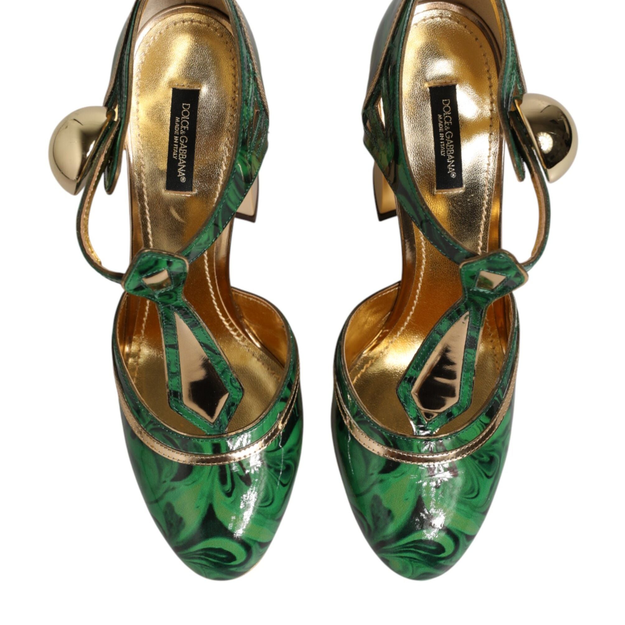 Dolce & Gabbana Green Leather T-STRAPS Heels Sandals Shoes