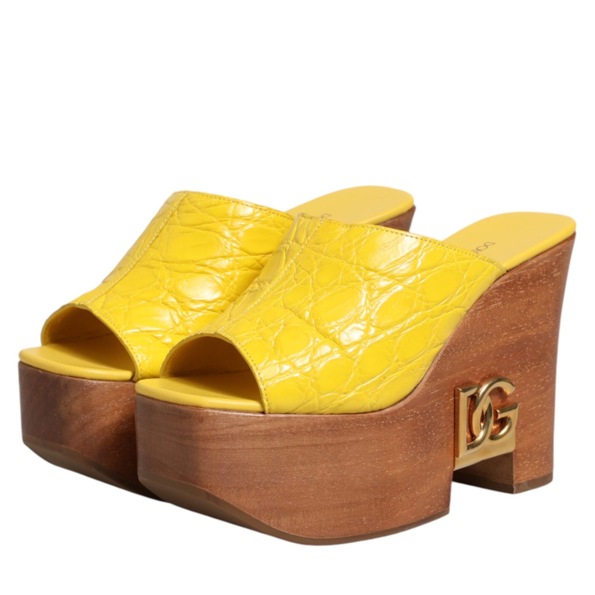 Dolce & Gabbana Yellow Leather Wood Mule Wedge Slides Shoes